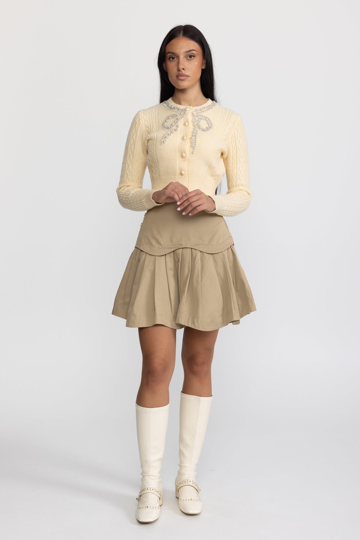 Pearl Bow Embellished Cable Knit Cardigan - Yellow