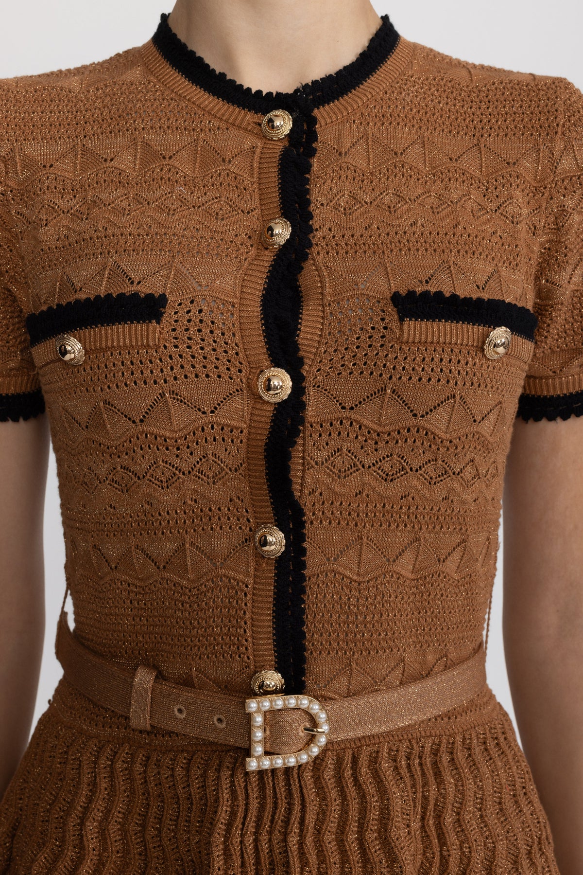 Rosine Caramel Metallic Pointelle Knit Belted Dress with Contrast Trim