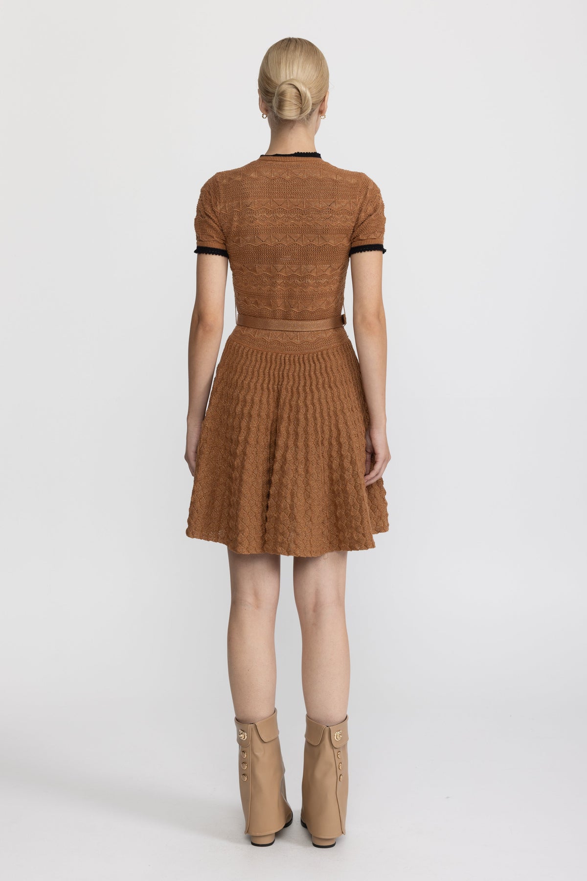 Rosine Caramel Metallic Pointelle Knit Belted Dress with Contrast Trim