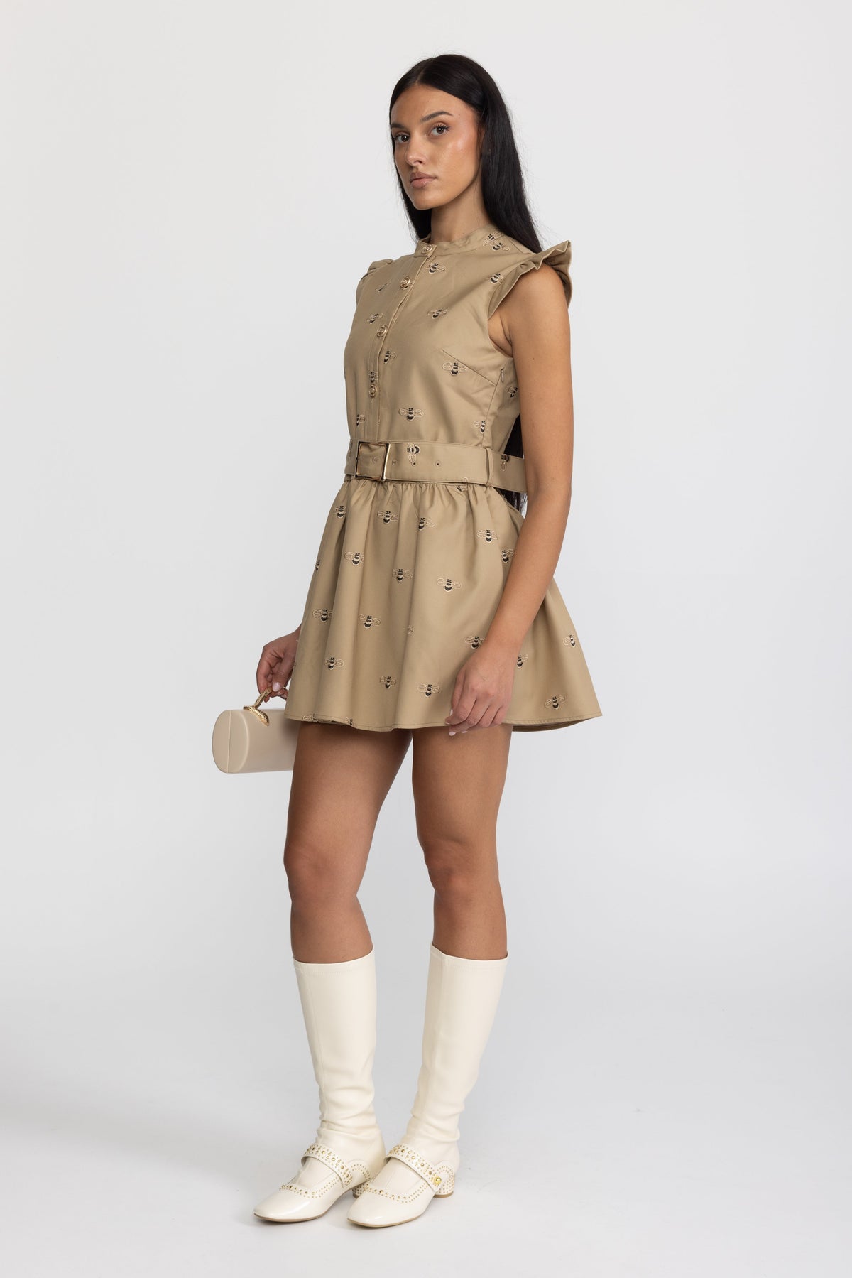 Valériane Khaki Bee Embroidered Belted Cotton Mini Dress