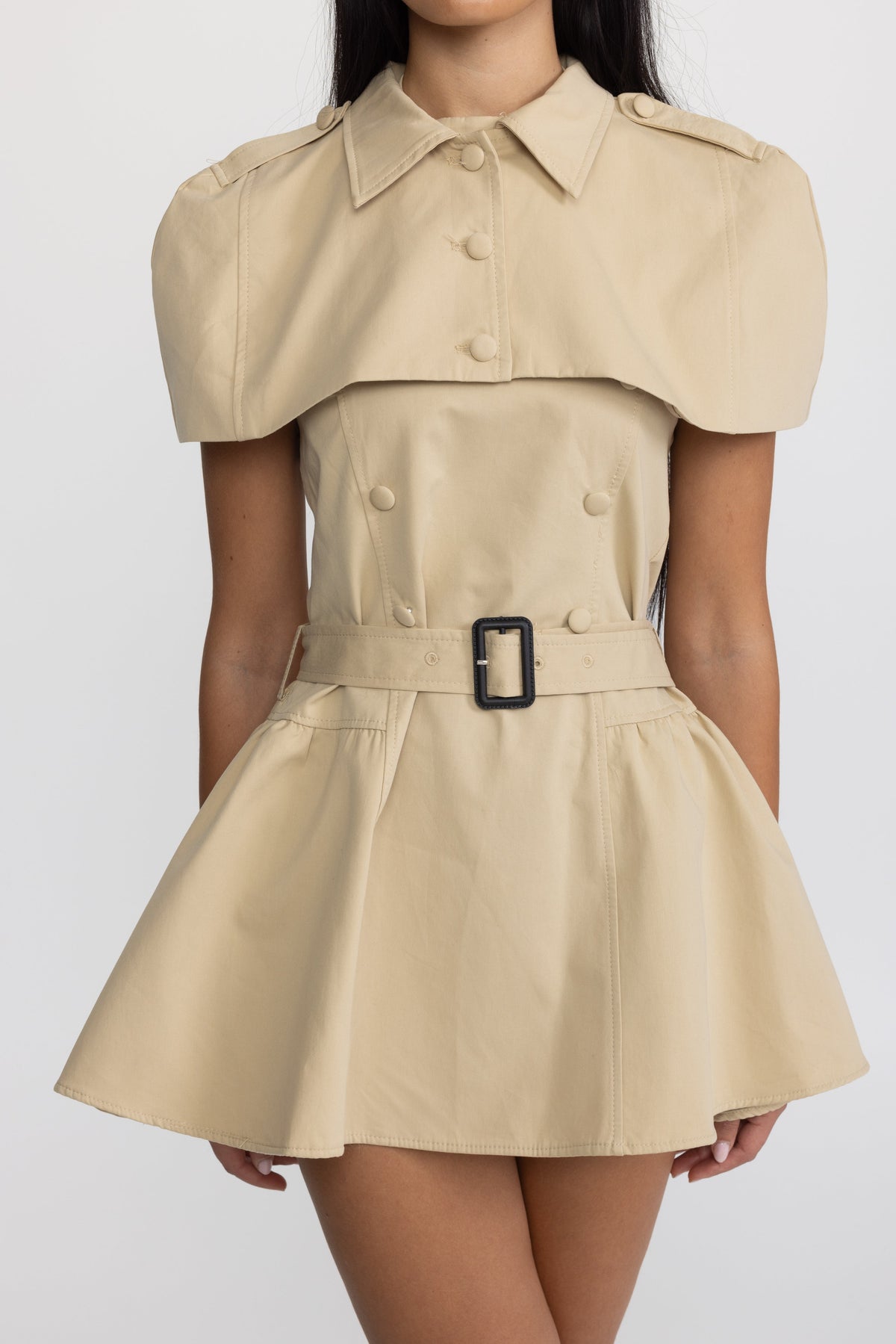 Rosemonde Khaki Halter Trench Mini Dress with Detachable Capelet