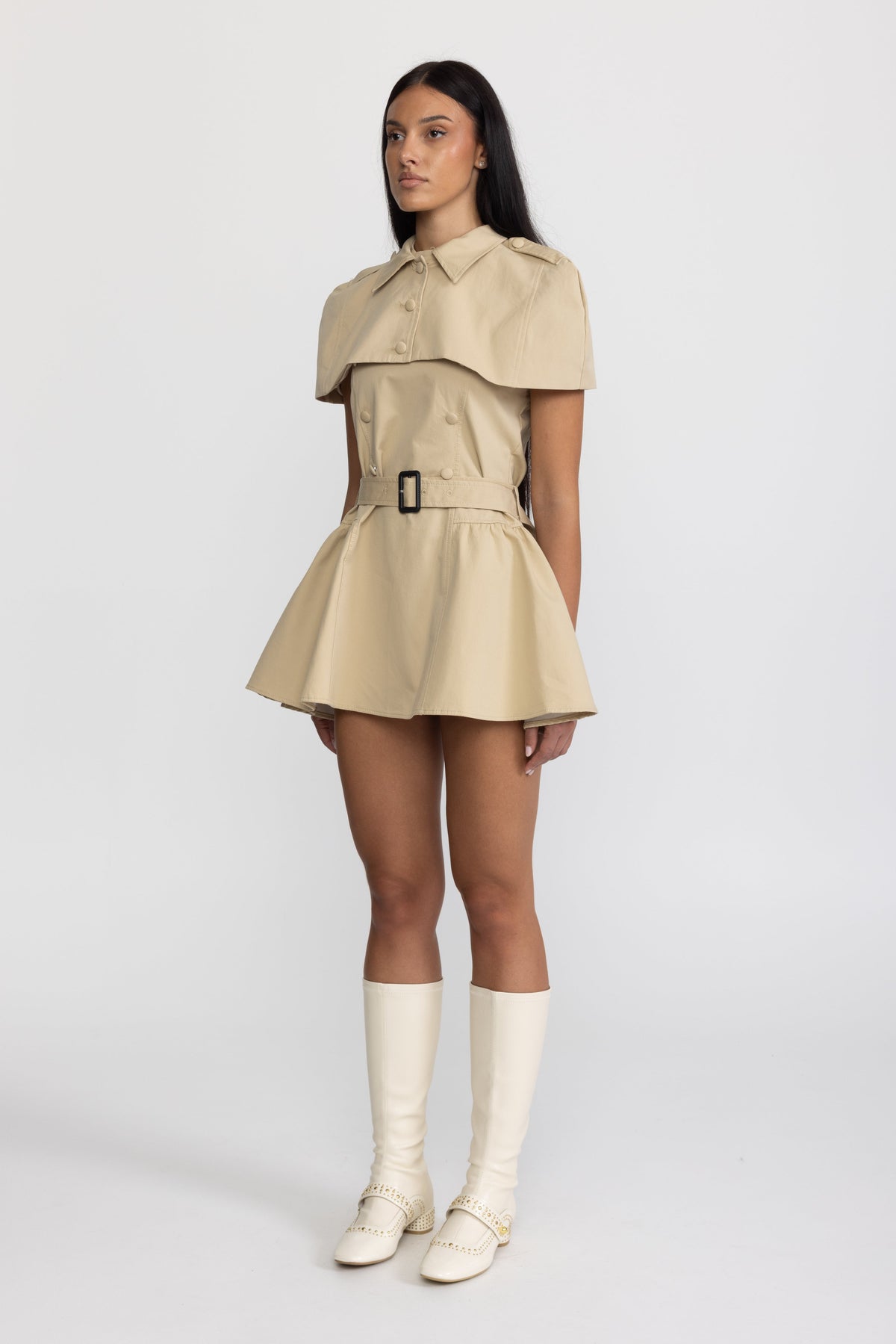 Rosemonde Khaki Halter Trench Mini Dress with Detachable Capelet