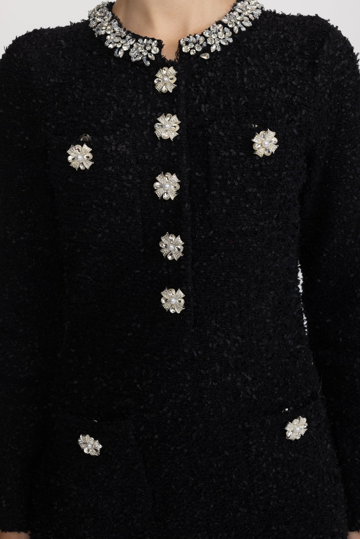 Crystal Embellished Bouclé Knit Mini Dress - Black