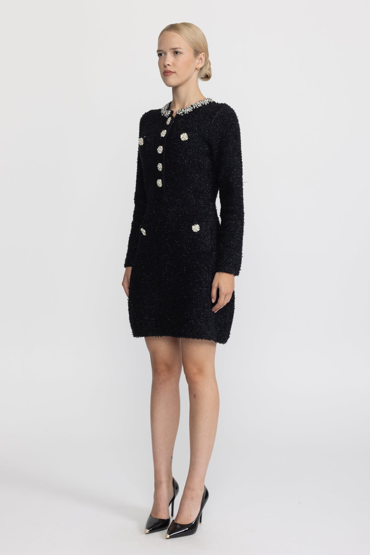 Crystal Embellished Bouclé Knit Mini Dress - Black