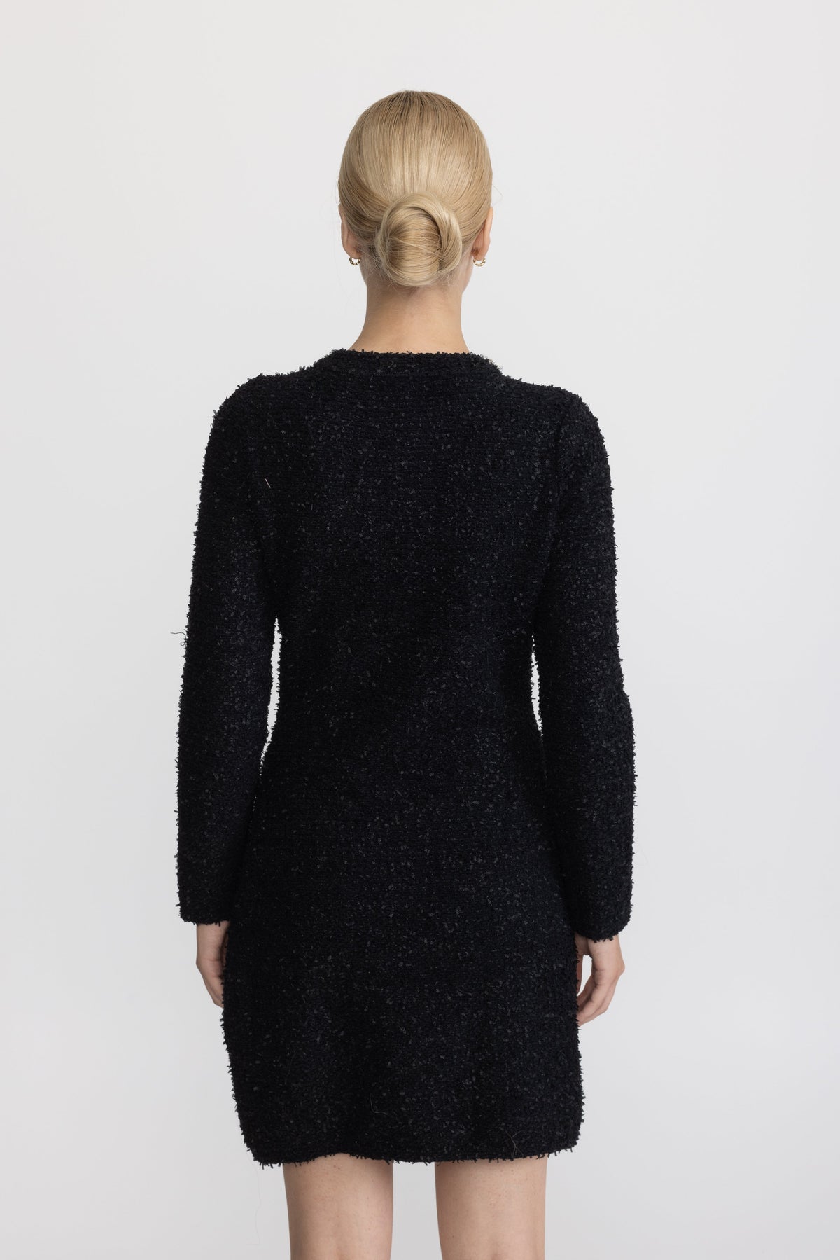Crystal Embellished Bouclé Knit Mini Dress - Black