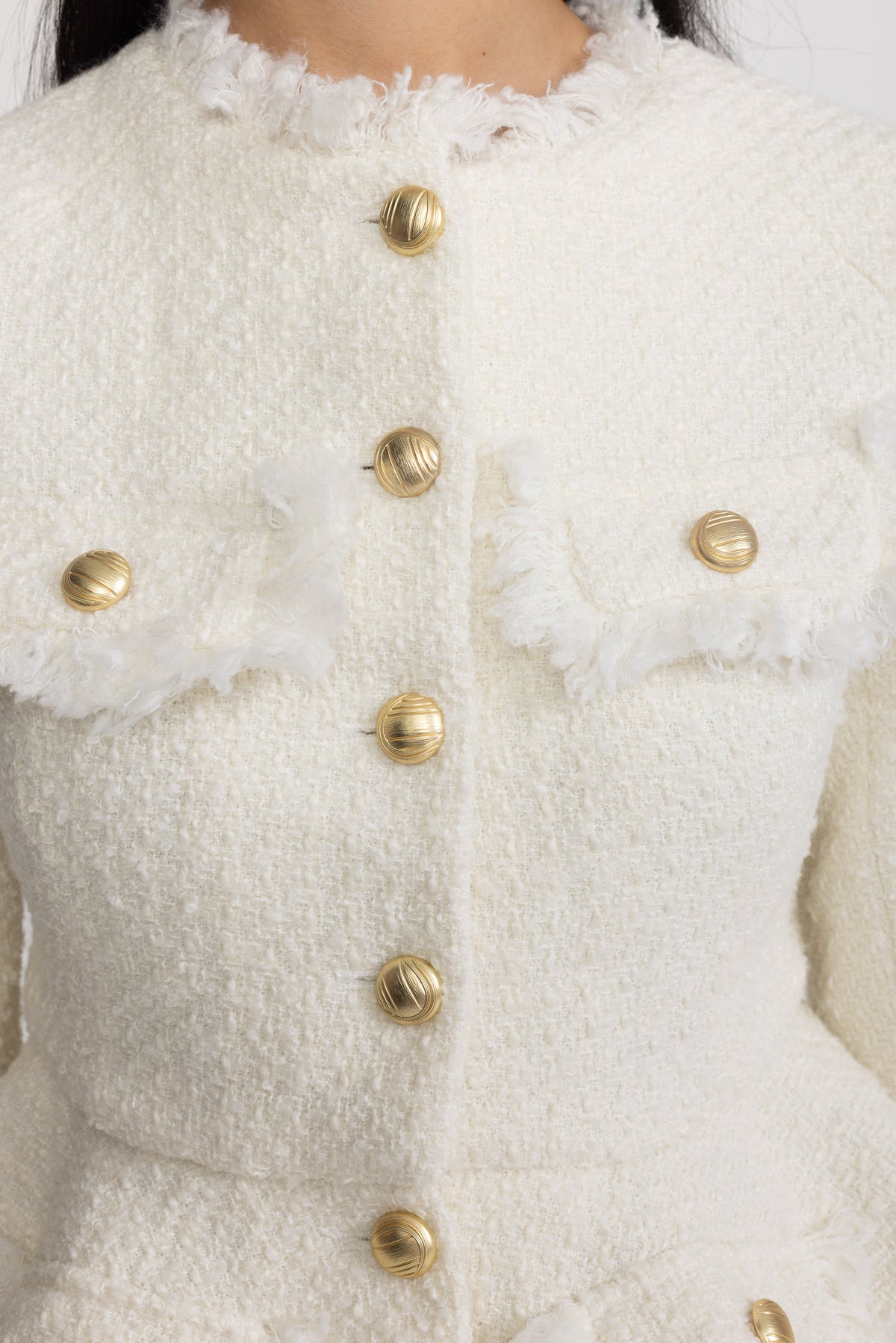 Frayed Trim Tweed Peplum Jacket - Ivoire