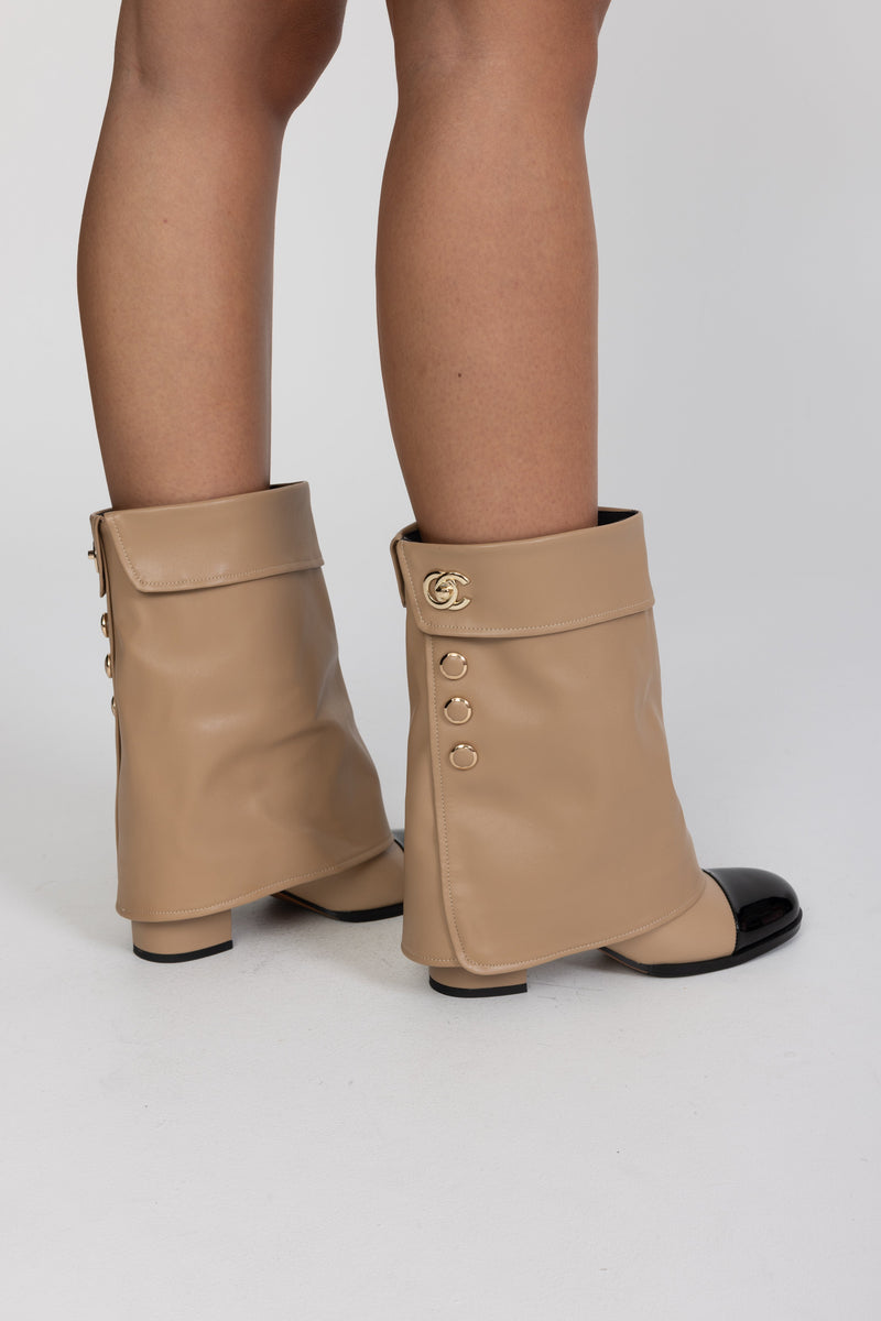 Fold-Over Cap Toe Block Heel Boots - Beige