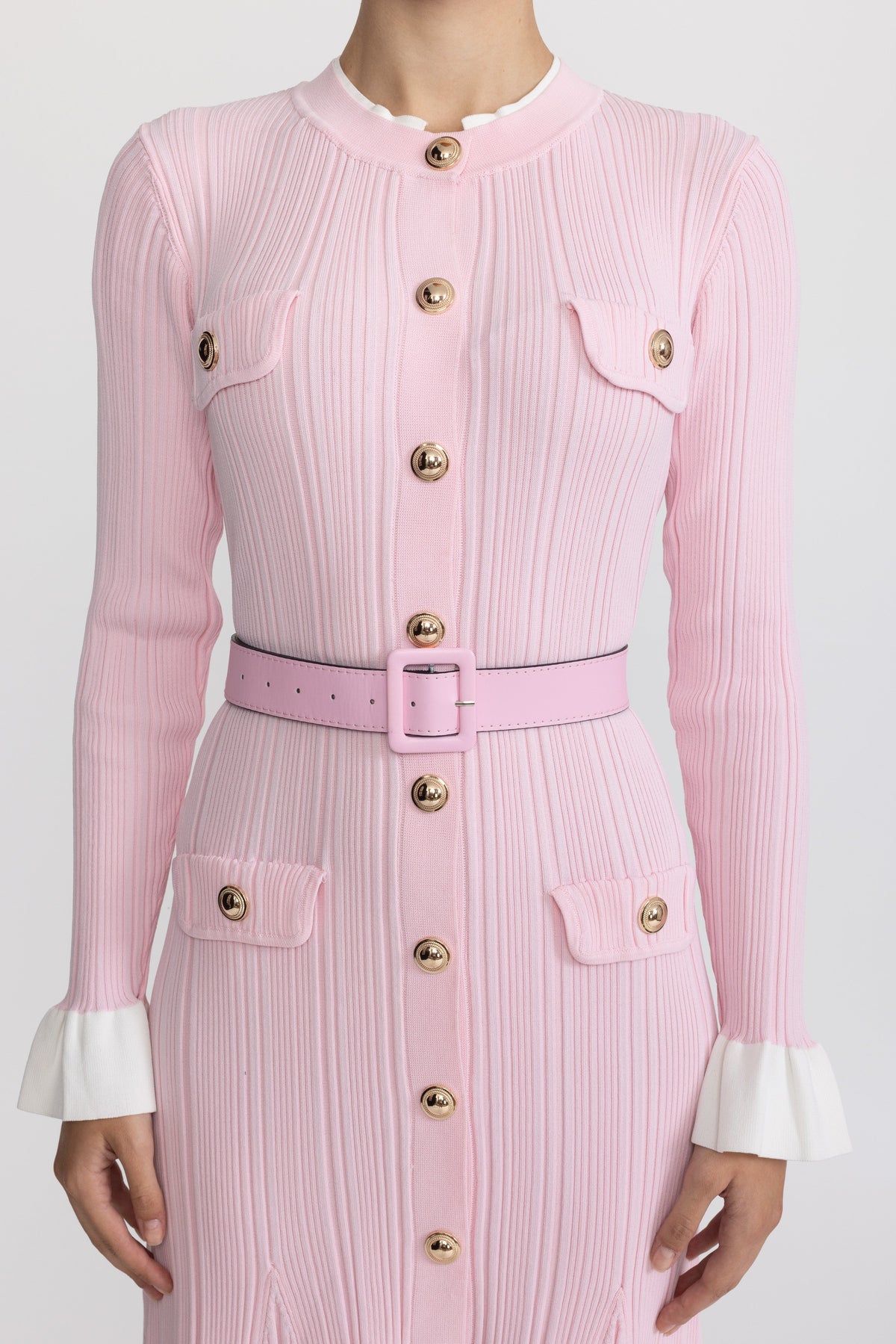 Marie-Ange Pink Belted Rib Knit Button-Front Midi Dress