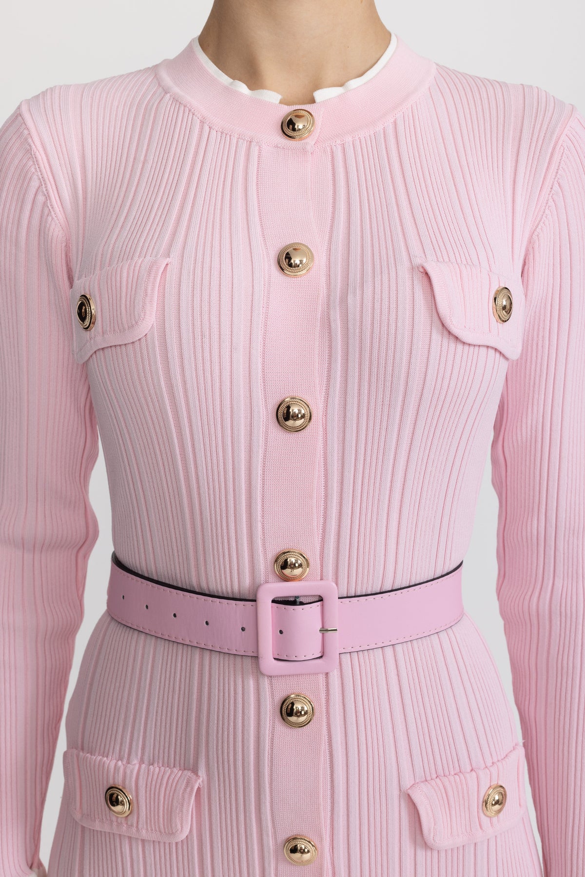 Marie-Ange Pink Belted Rib Knit Button-Front Midi Dress