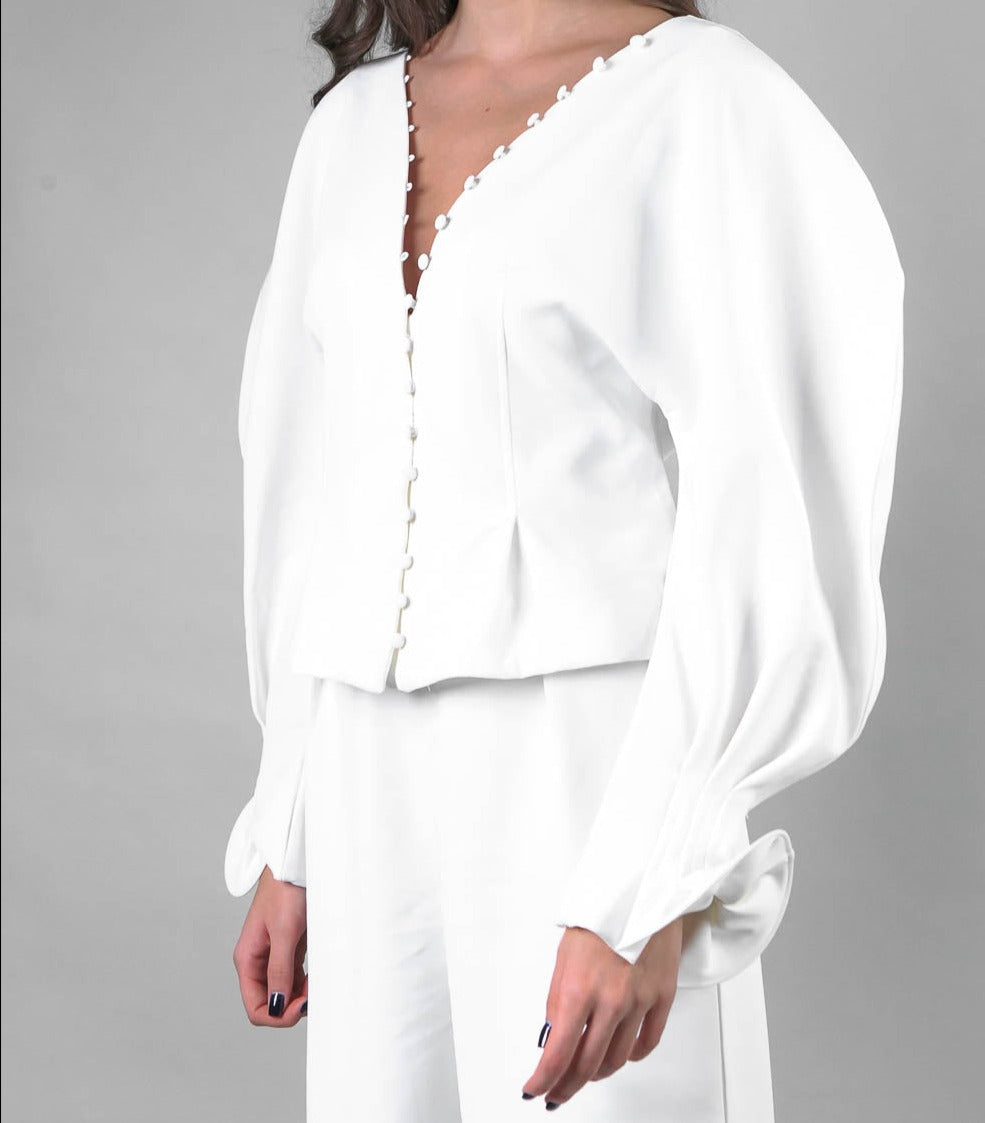 V-neck Shirt with Puffed Sleeves - White