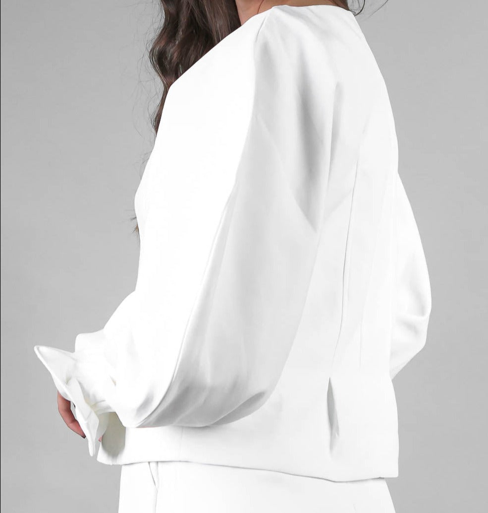 V-neck Shirt with Puffed Sleeves - White