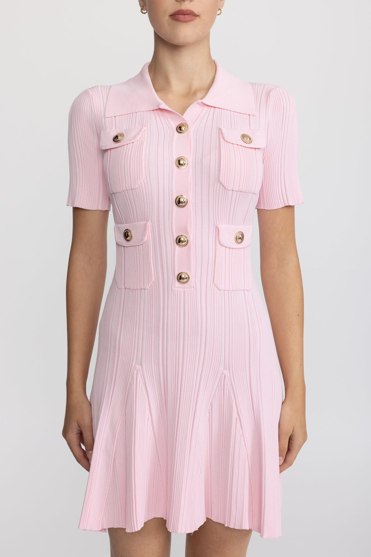 Rosaline Pink Polo Collar Rib Knit Mini Dress with Gold Buttons