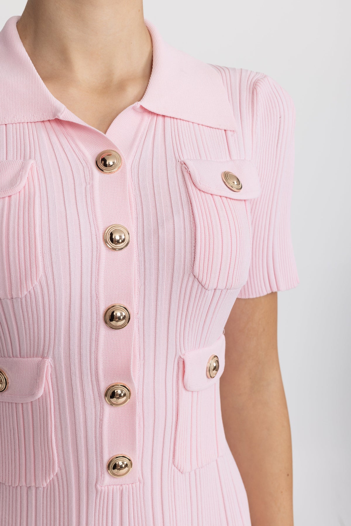 Rosaline Pink Polo Collar Rib Knit Mini Dress with Gold Buttons