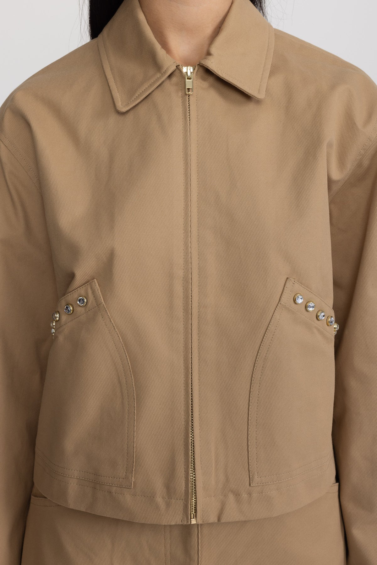 Servane Khaki Crystal Stud Cropped Canvas Zip Jacket