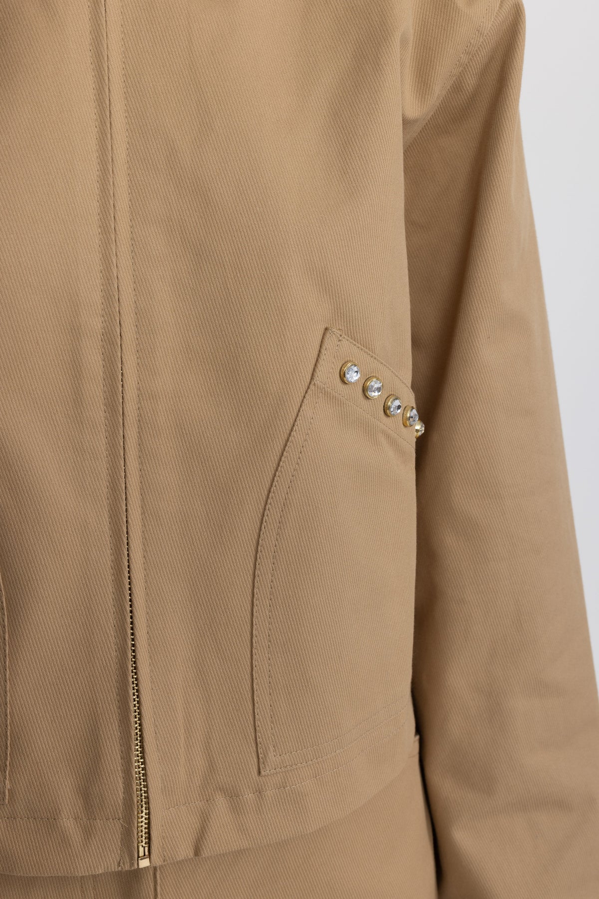 Servane Khaki Crystal Stud Cropped Canvas Zip Jacket