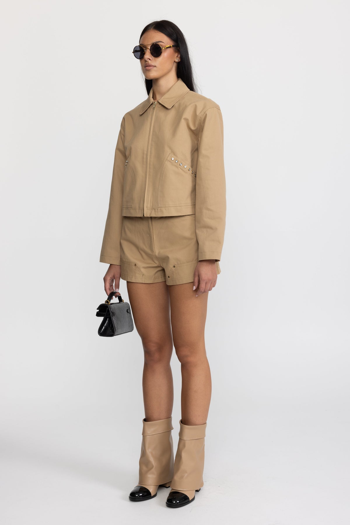 Servane Khaki Crystal Stud Cropped Canvas Zip Jacket
