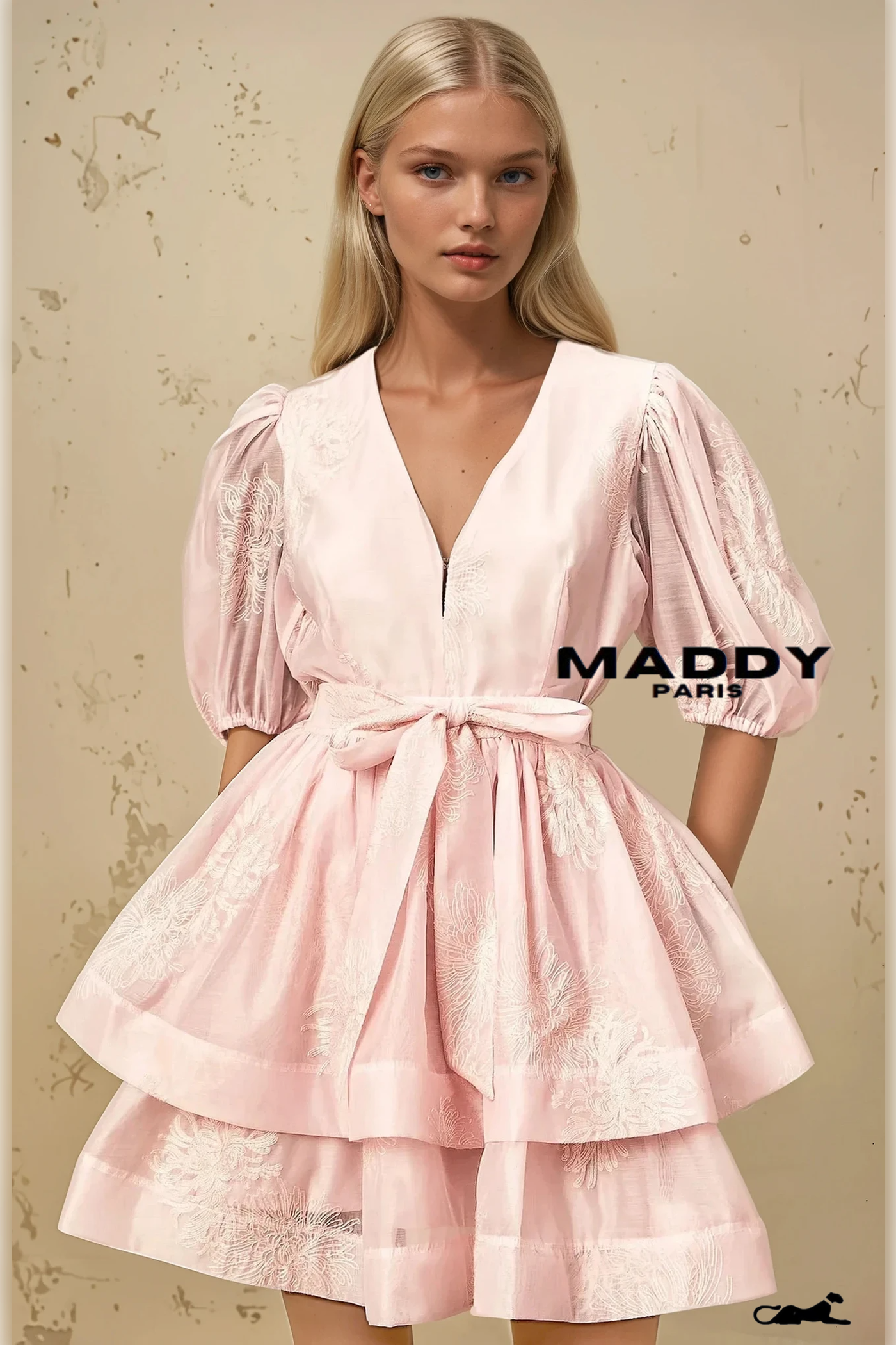 Florence pink floral-embroidered layered mini dress