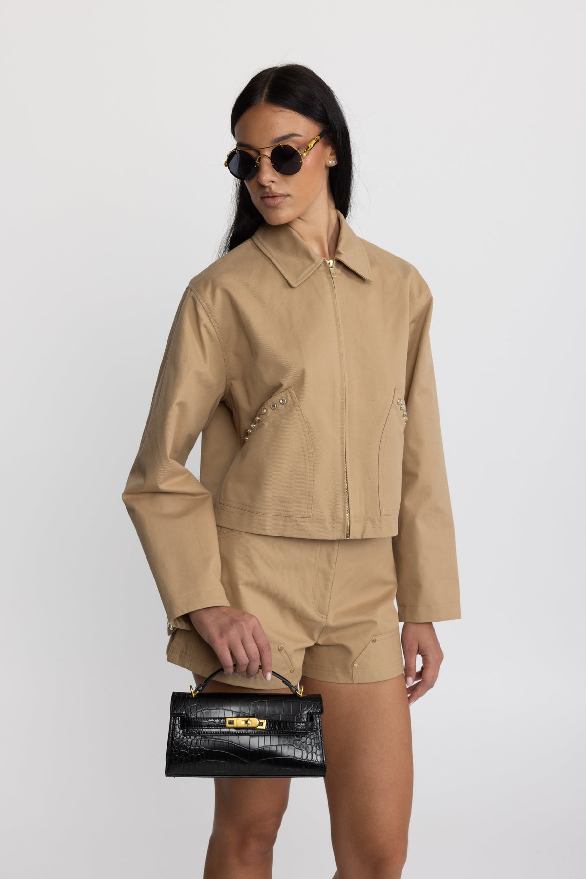 Servane Khaki Crystal Stud Cropped Canvas Zip Jacket