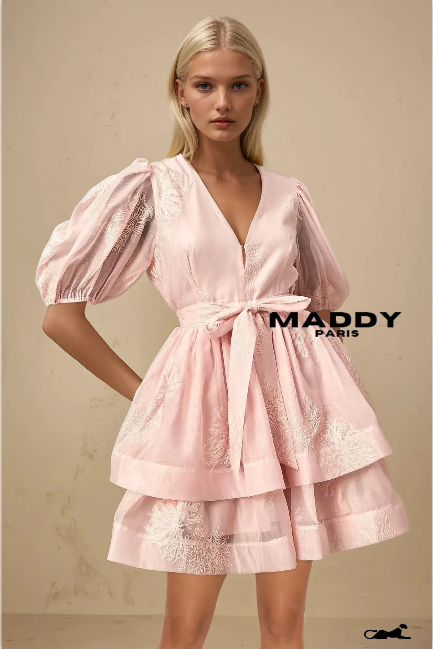 Florence pink floral-embroidered layered mini dress