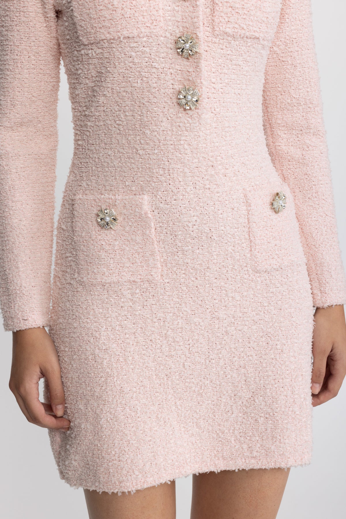 Crystal Embellished Bouclé Knit Mini Dress - Pink