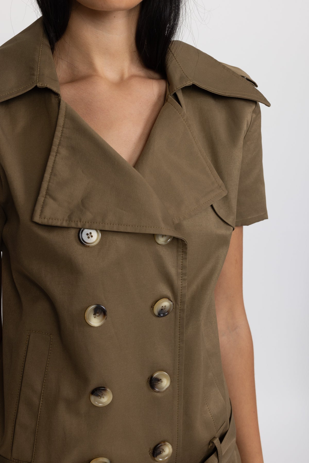 Vanina Olive Trench Top and Ruffle Hem Mini Skirt Co-ord Set