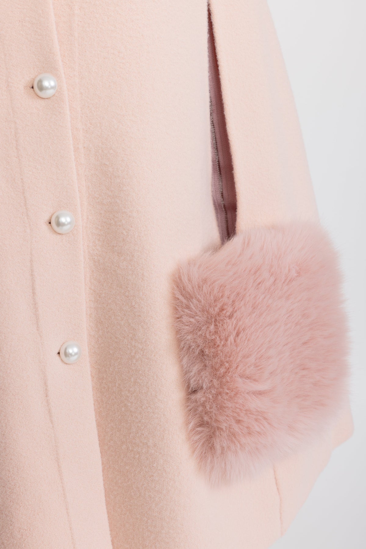 Pearl Embellished Collar Cape with Faux Fur Pockets - Pink