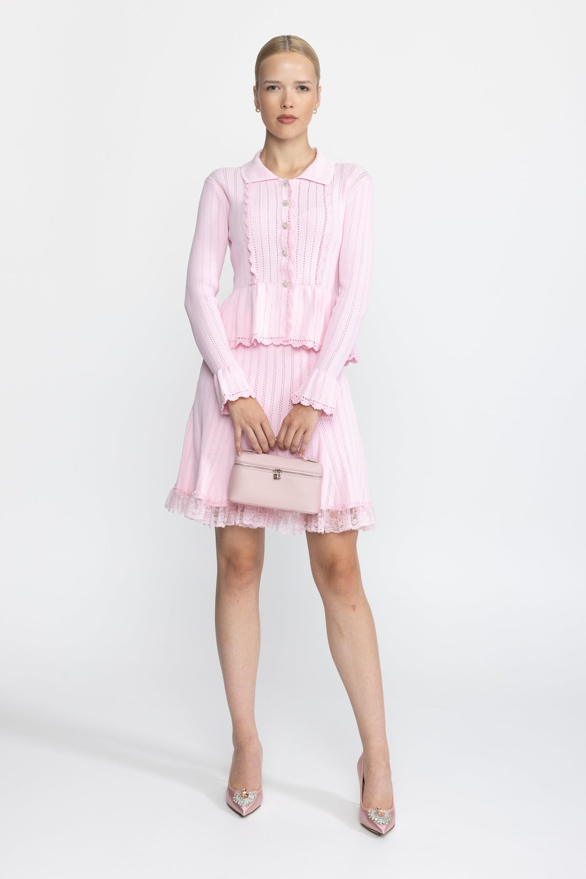 Pointelle Knit Peplum Cardigan and Lace Hem Skirt Co-ord Set - Pink