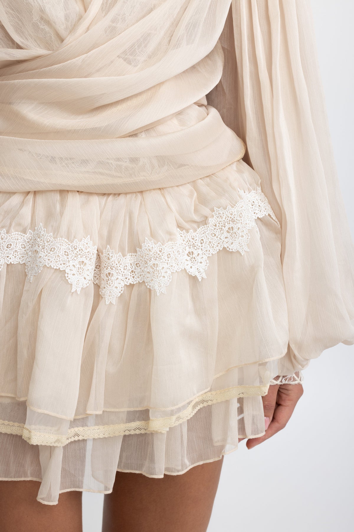 Lace Inset Chiffon Wrap Blouse and Ruffle Mini Skirt Co-ord Set - Beige