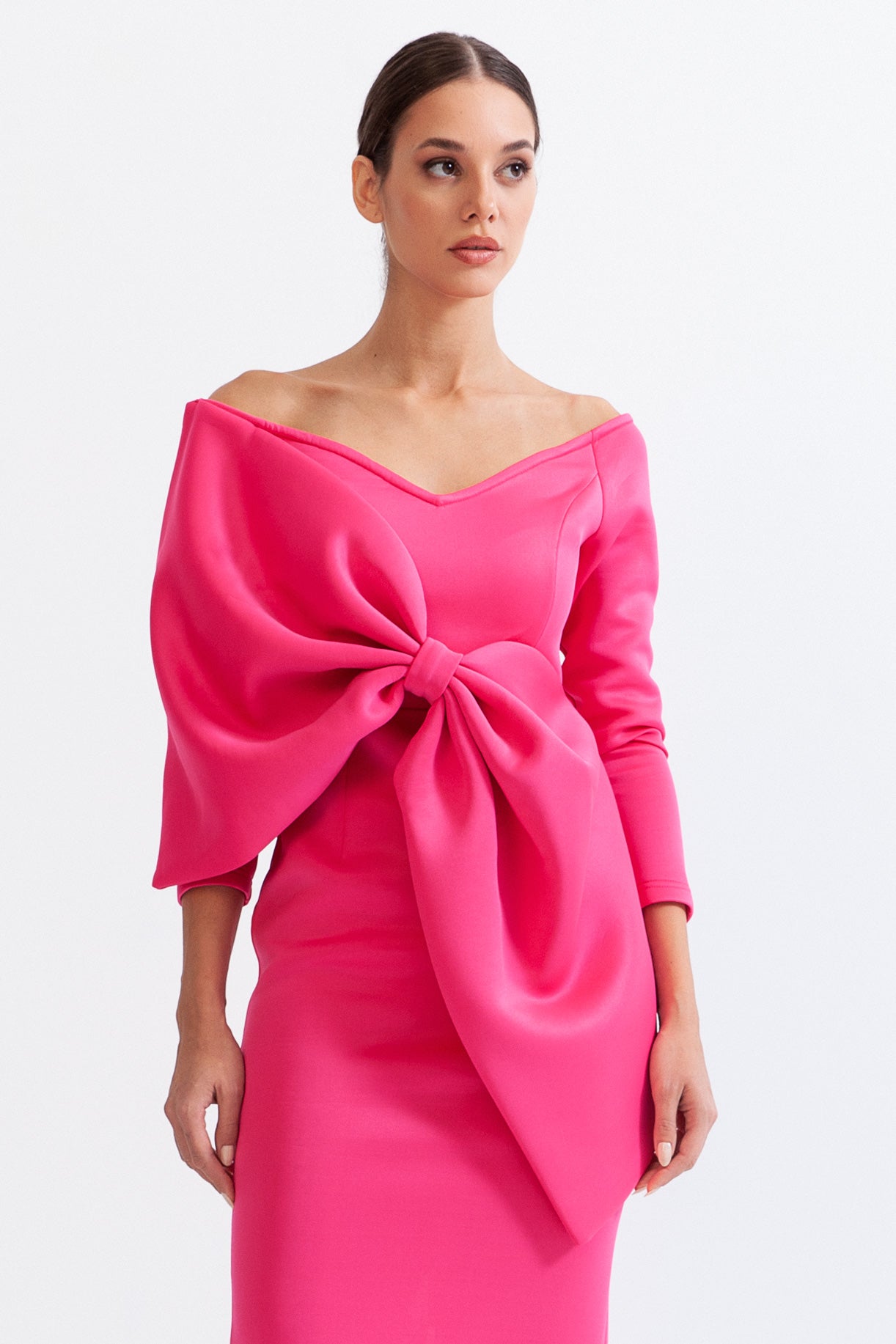 LEA Long Sleeve Cut Out Ribbon Midi Dress - Fuchsia Pink