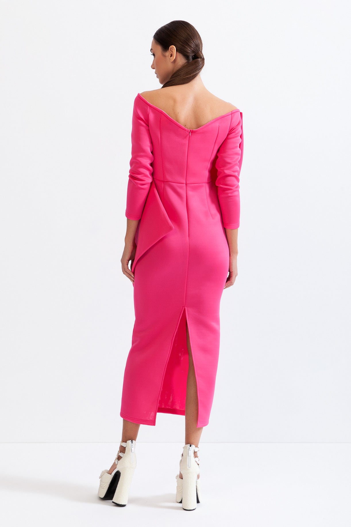 LEA Long Sleeve Cut Out Ribbon Midi Dress - Fuchsia Pink