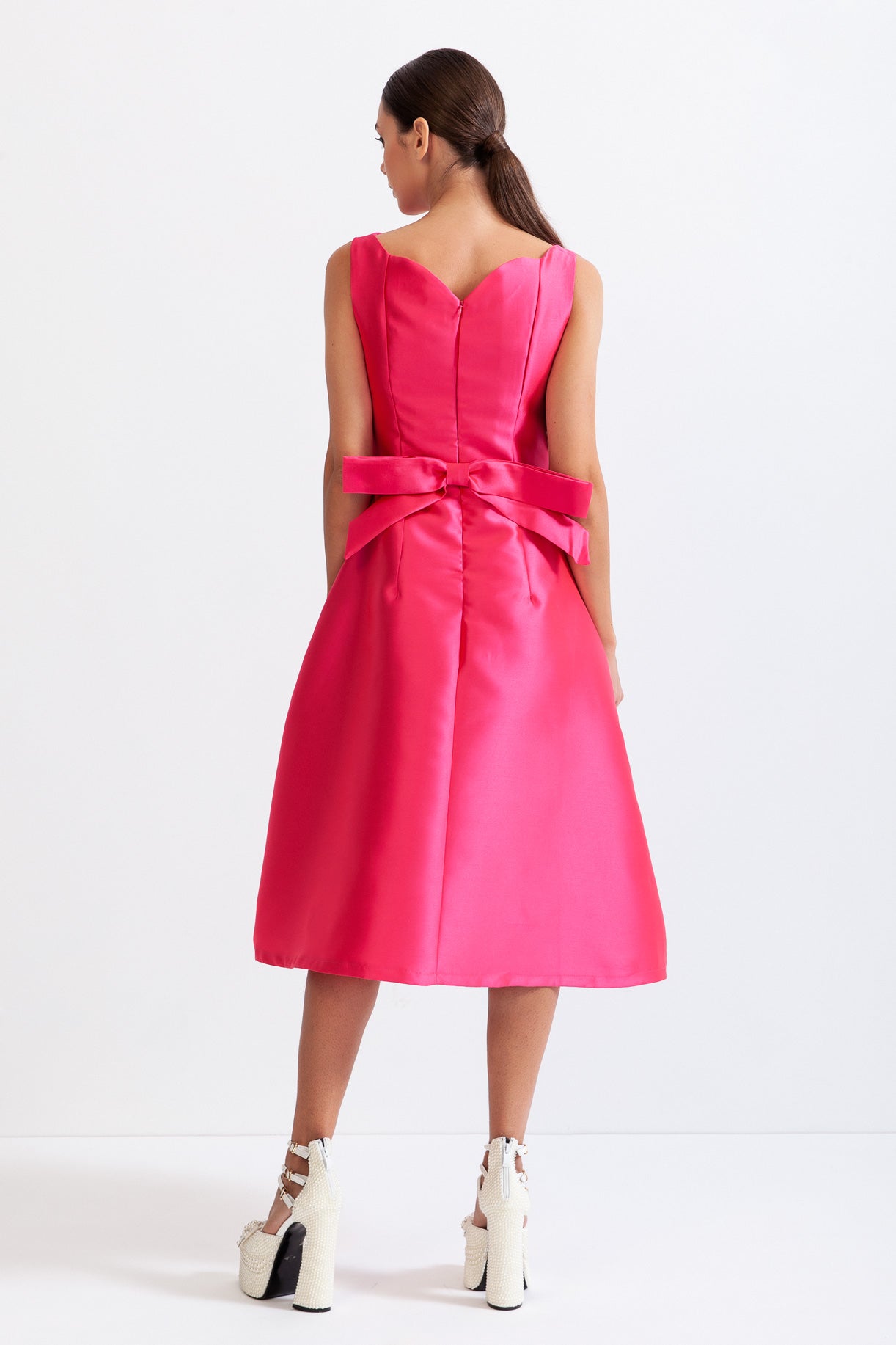 SERAPHINA Bow Detail Hourglass Midi Dress - Fuchsia Pink