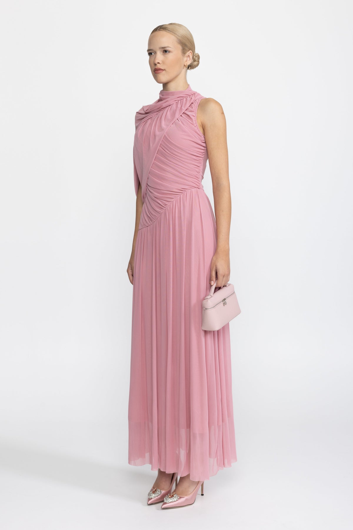Draped Scarf Neck Mesh Maxi Dress - Pink