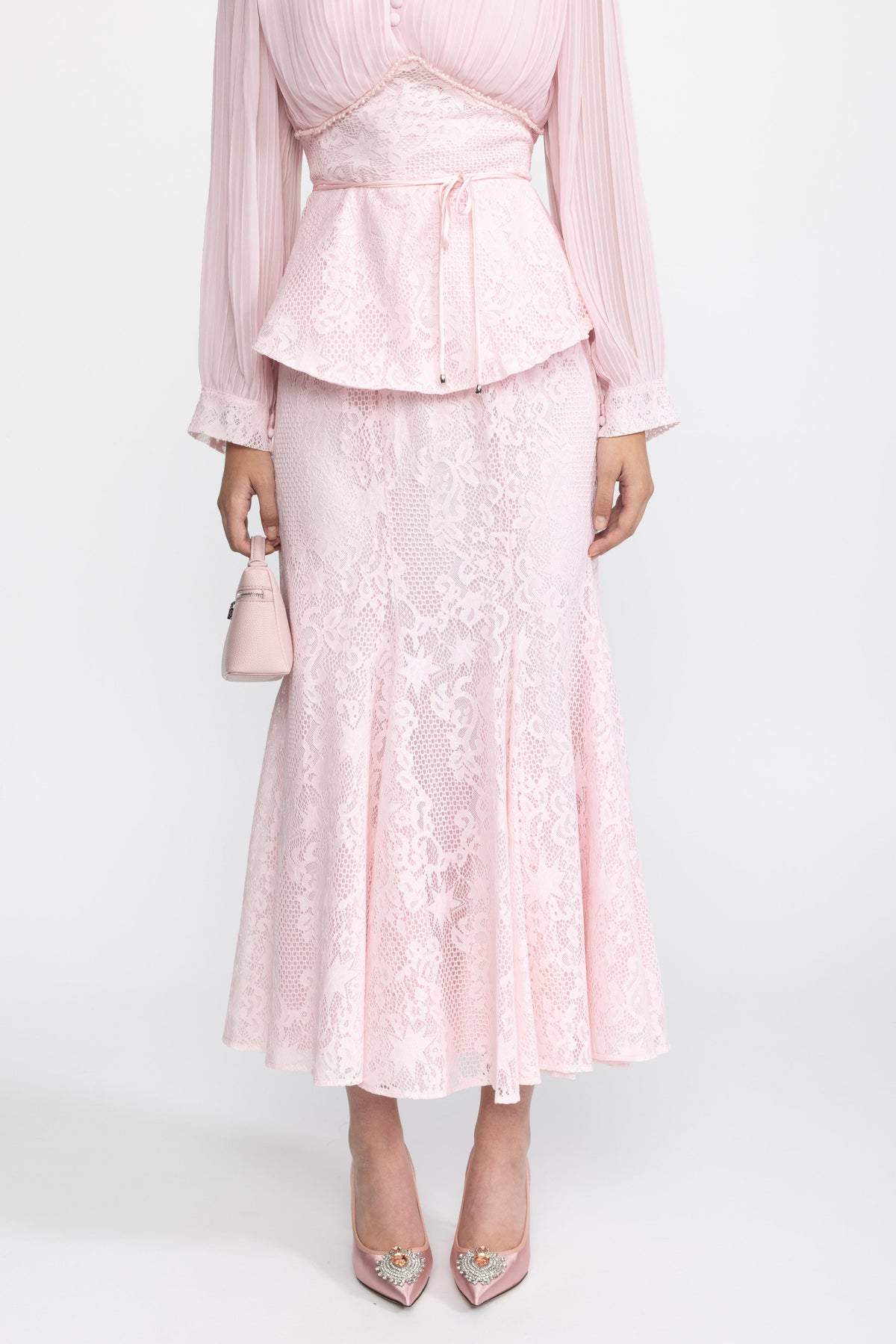 Pleated Chiffon Lace Peplum Blouse and Maxi Skirt Set - Pink