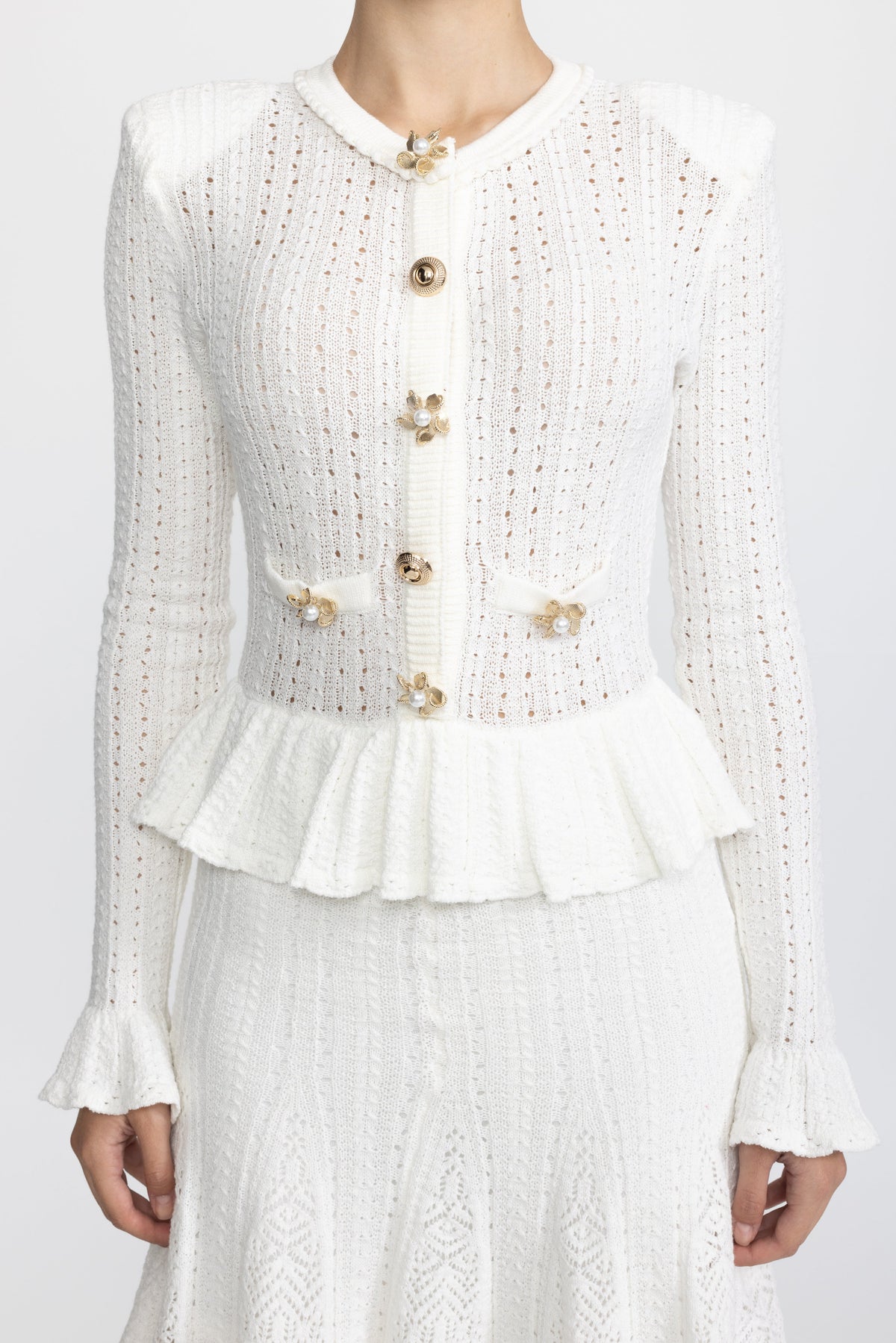 Pointelle Knit Peplum Mini Dress with Pearl Flower Buttons - White