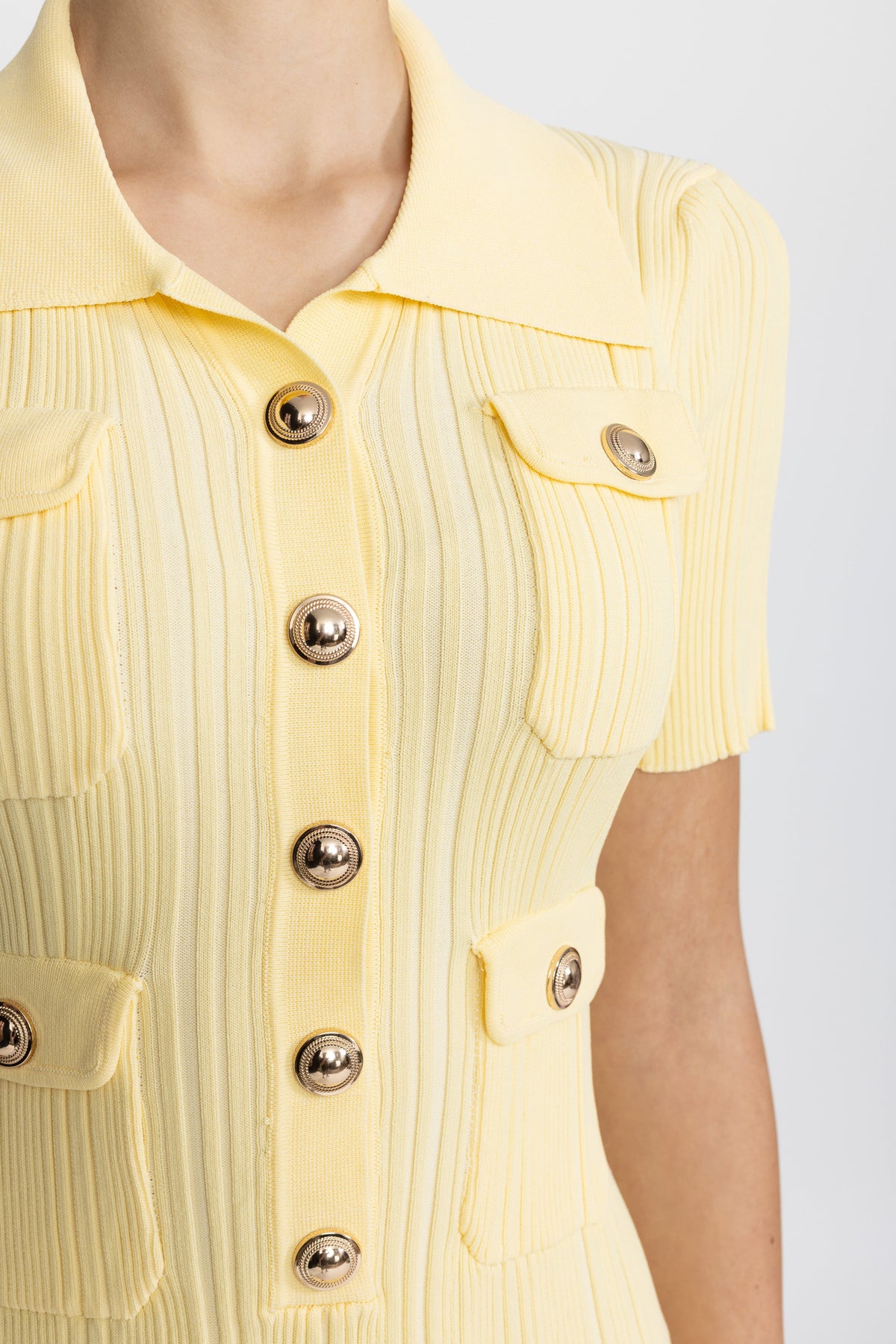 Polo Collar Rib Knit Mini Dress with Gold Buttons - Yellow
