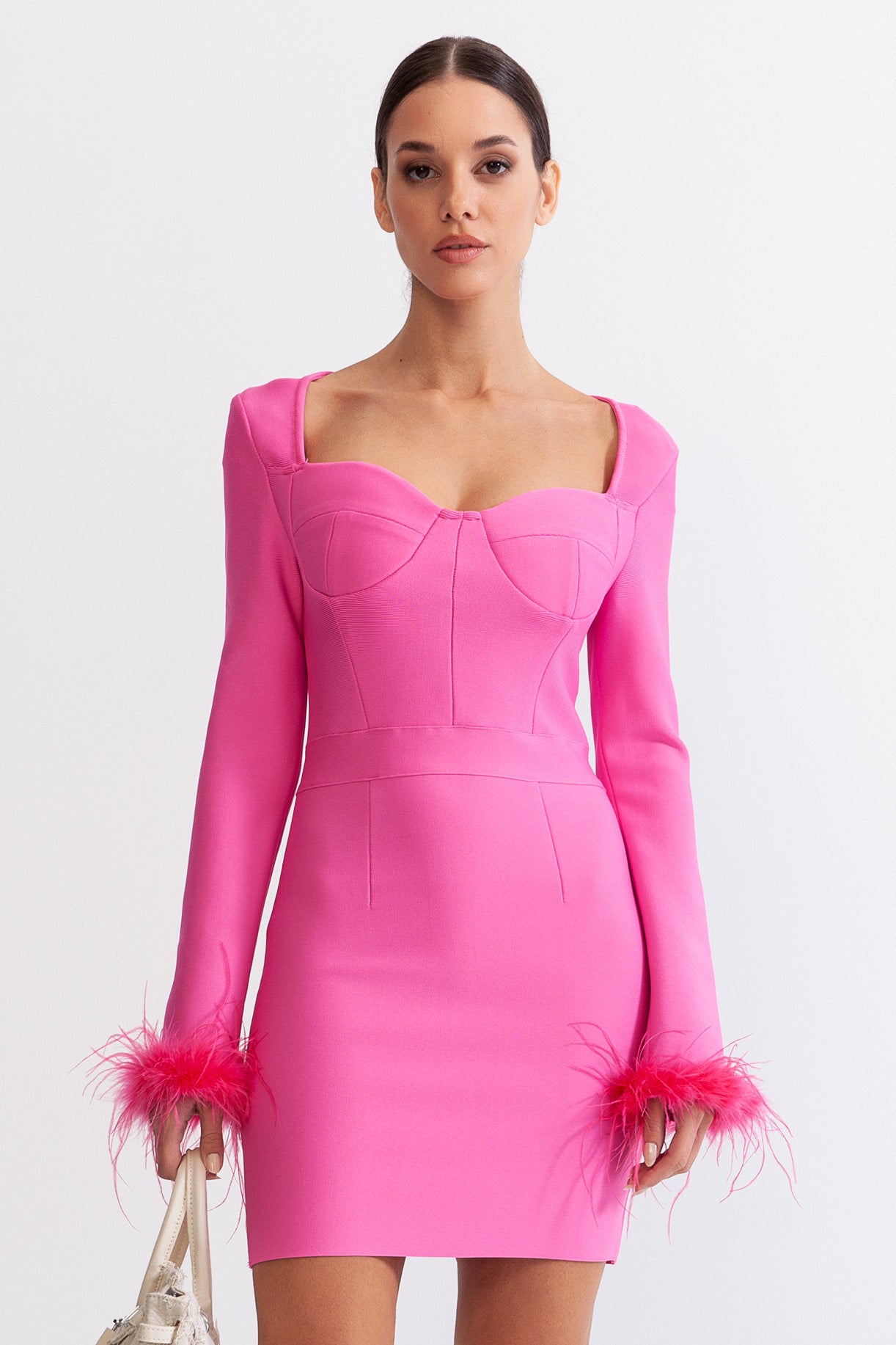 FRANCINE Long Sleeve Fur Mini Dress - Fuchsia Pink