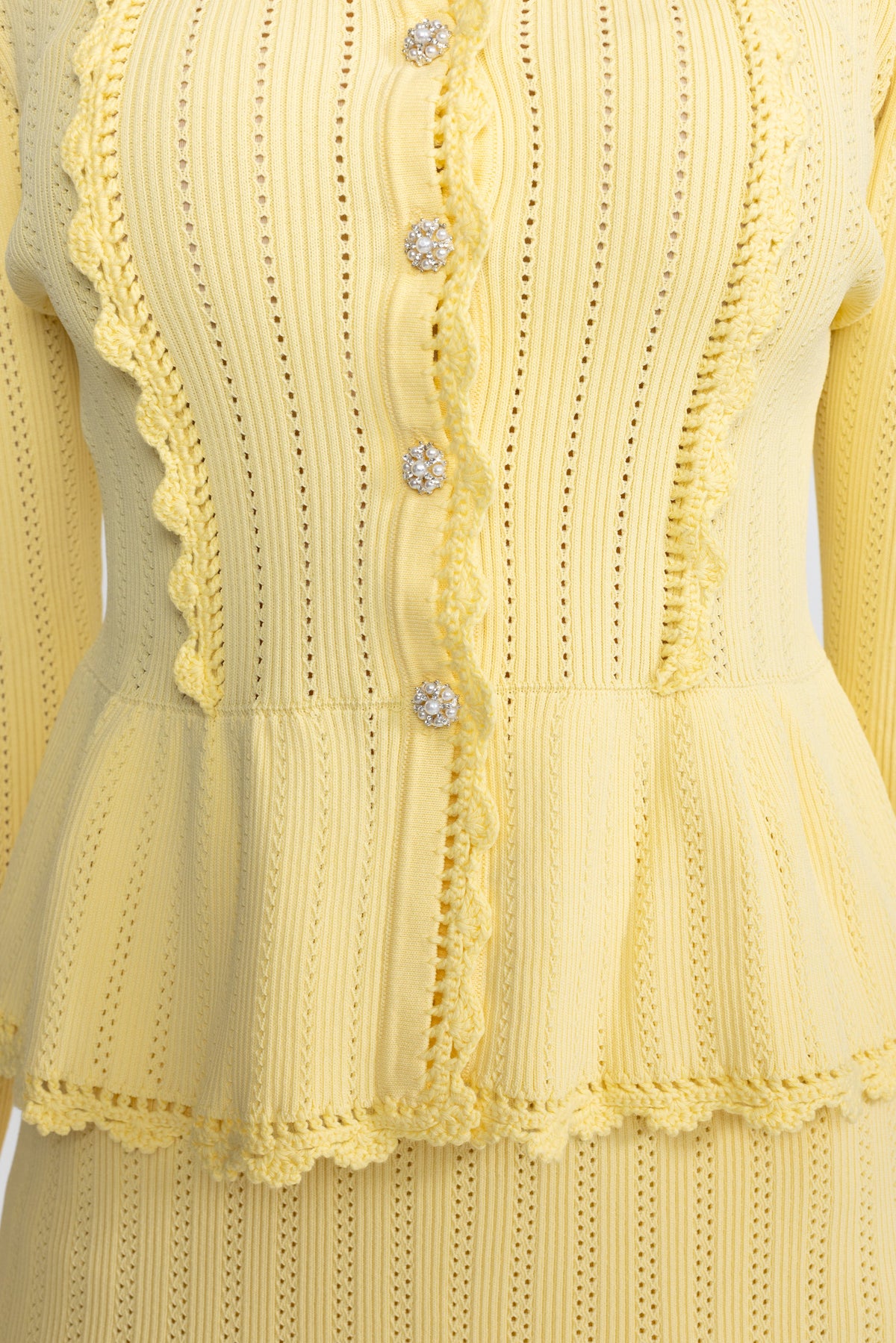 Pointelle Knit Peplum Cardigan and Lace Hem Skirt Co-ord Set - Yellow