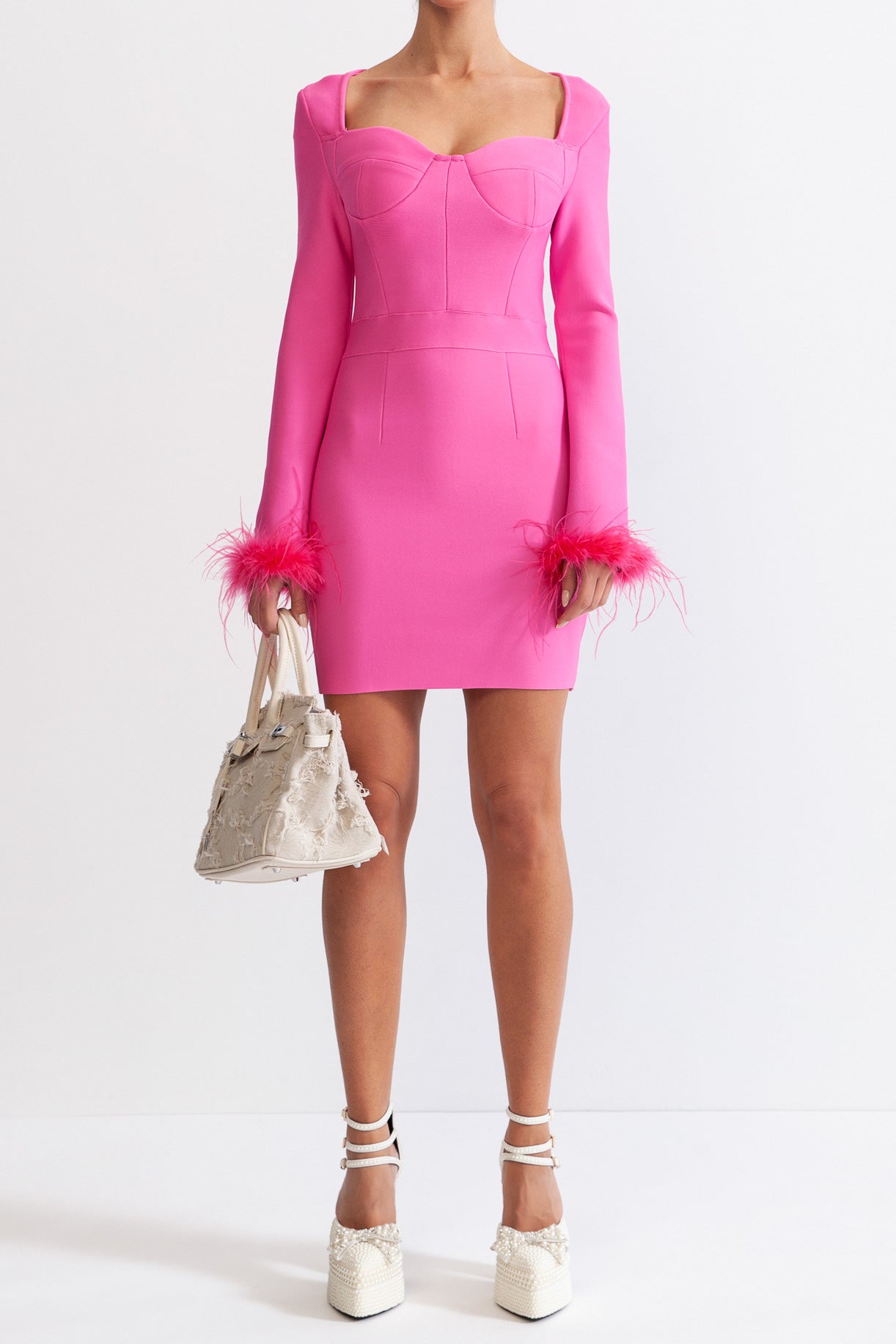 FRANCINE Long Sleeve Fur Mini Dress - Fuchsia Pink