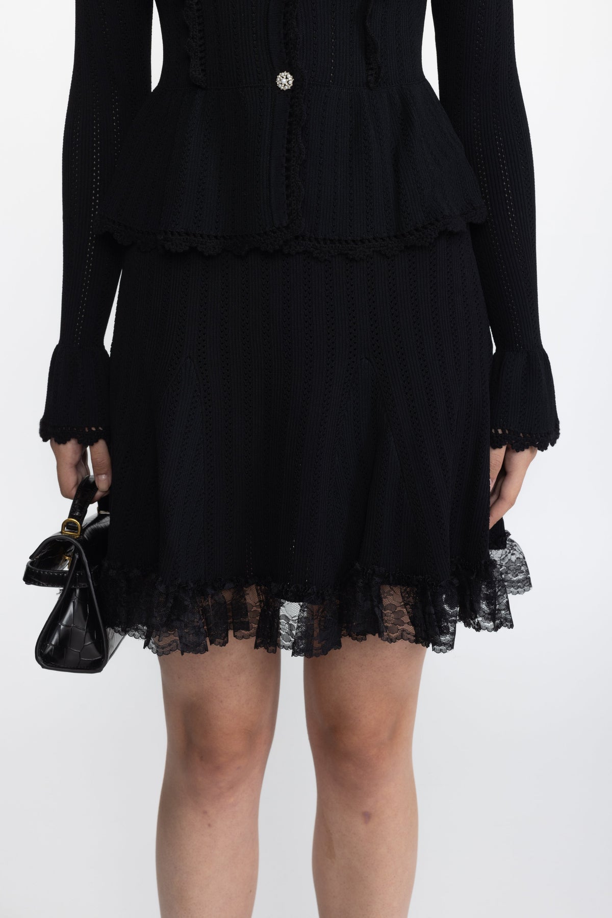 Pointelle Knit Peplum Cardigan and Lace Hem Skirt Co-ord Set - Black