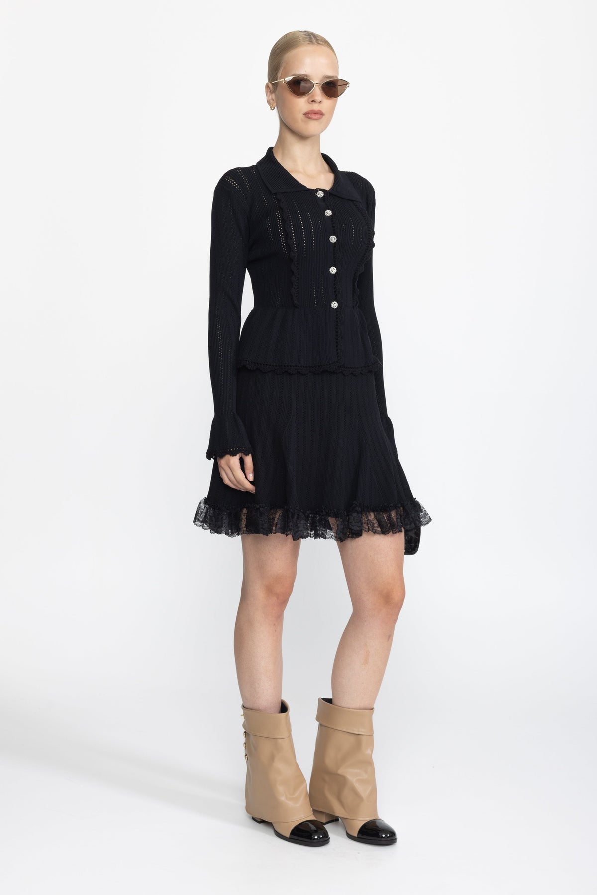 Pointelle Knit Peplum Cardigan and Lace Hem Skirt Co-ord Set - Black
