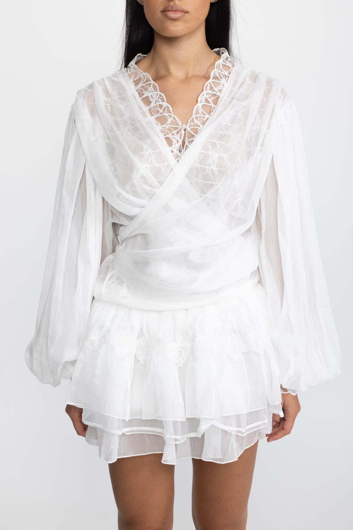 Lace Inset Chiffon Wrap Blouse and Ruffle Mini Skirt Co-ord Set - White