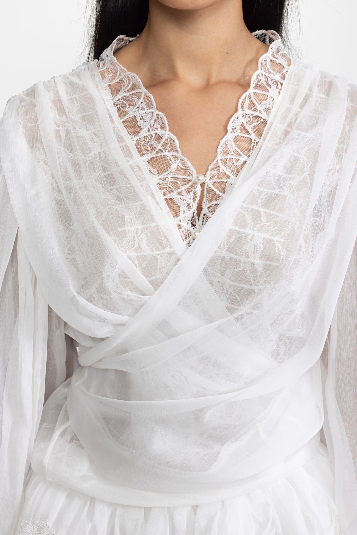 Lace Inset Chiffon Wrap Blouse and Ruffle Mini Skirt Co-ord Set - White