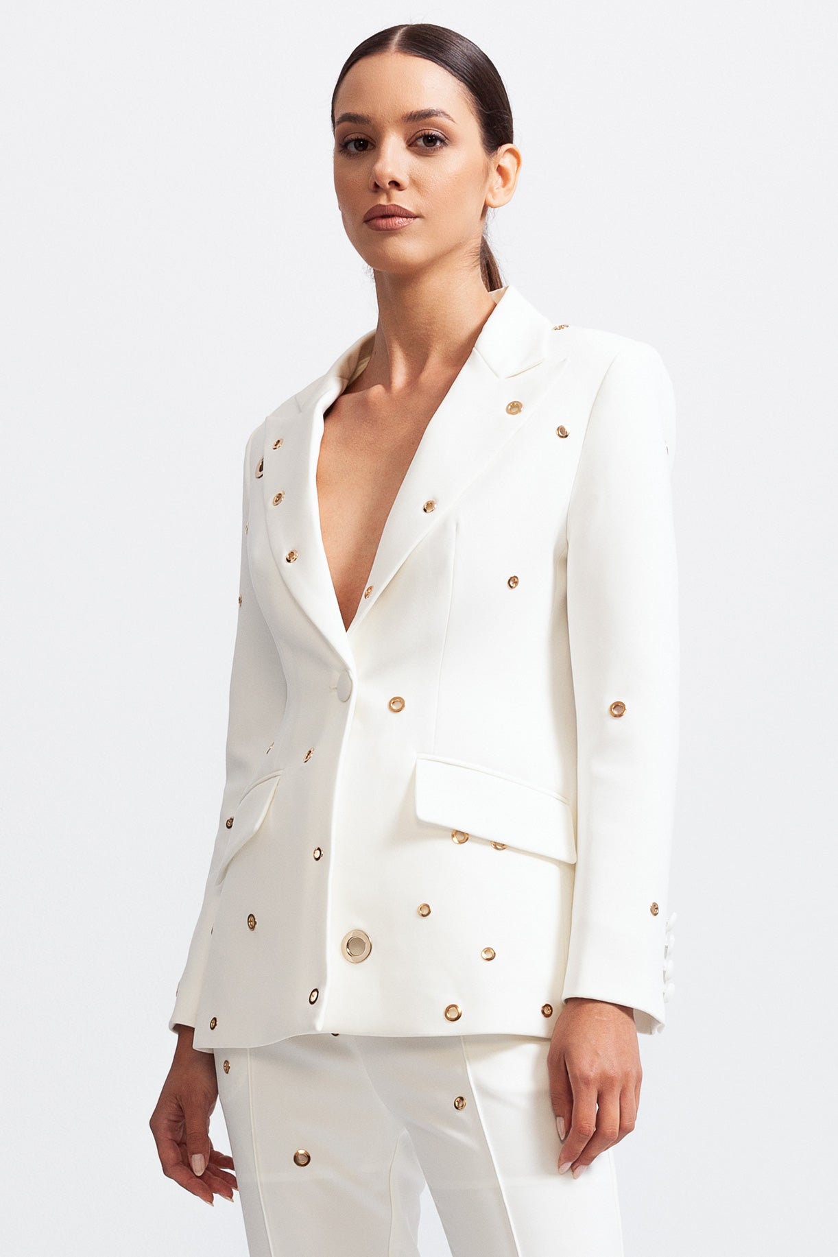 Two Piece Elegant Suit with Metal Details - White