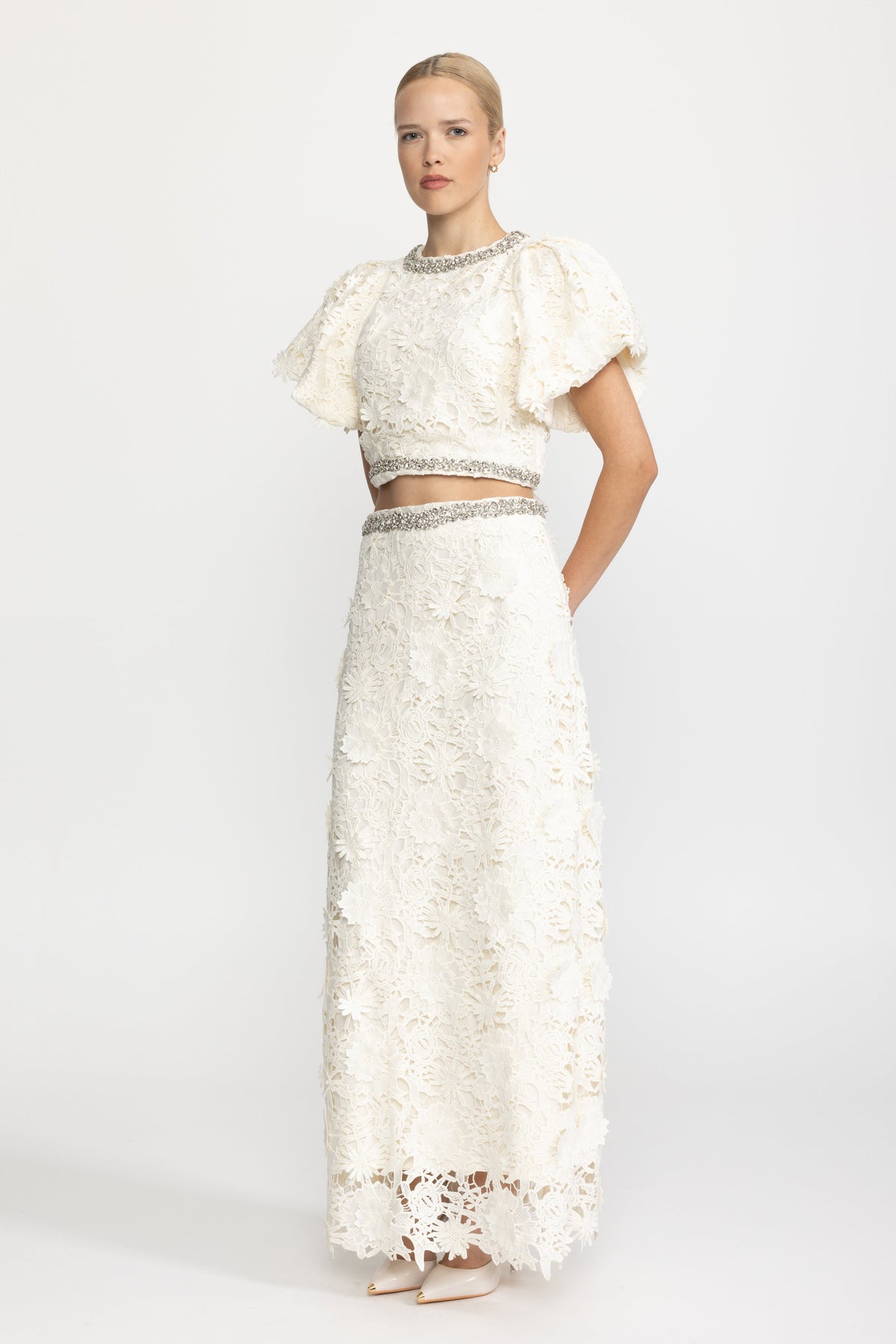 Crystal Trim Guipure Lace Crop Top and Maxi Skirt Co-ord Set - Ivoire