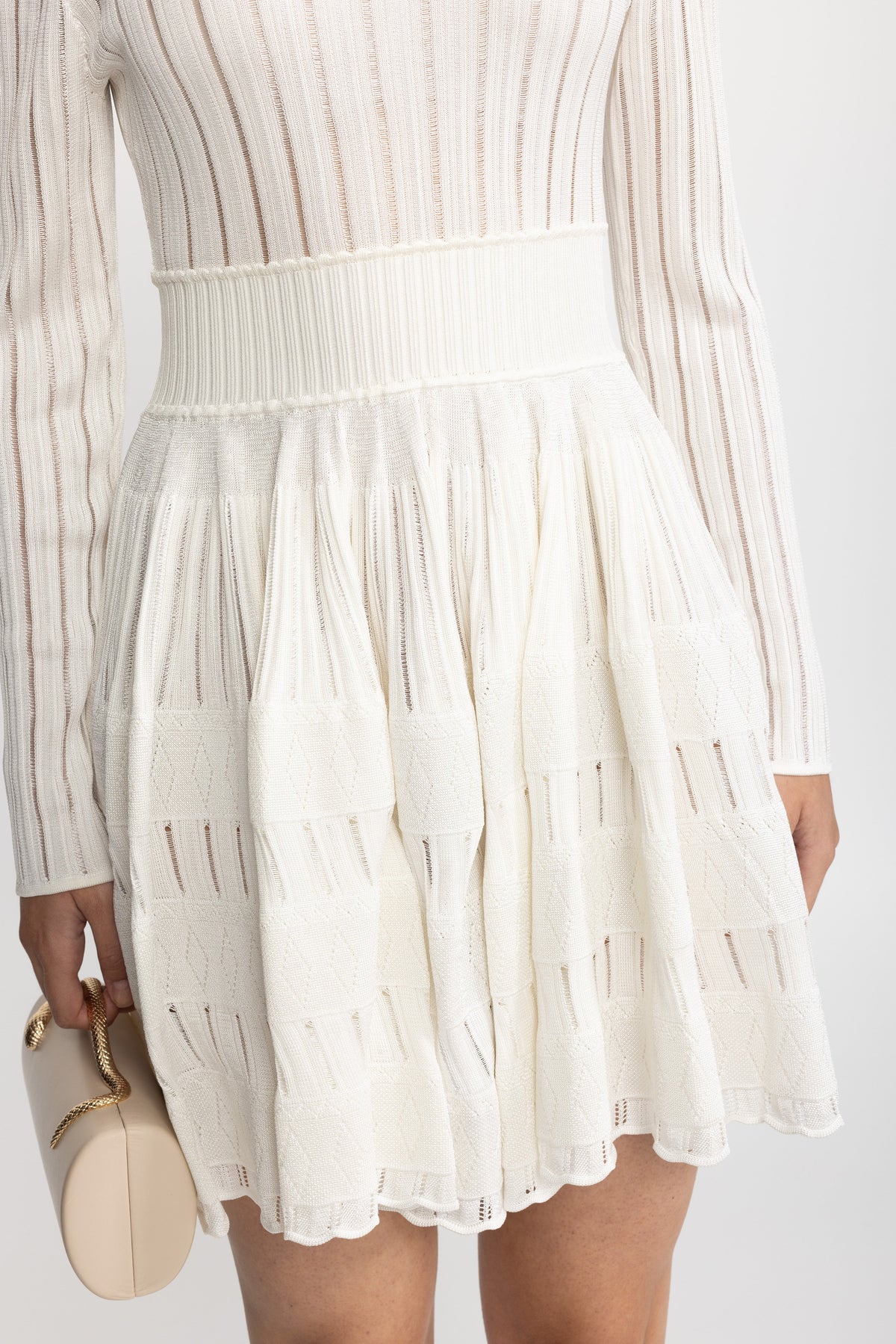 Ladder Knit Scoop Neck Skater Mini Dress - White