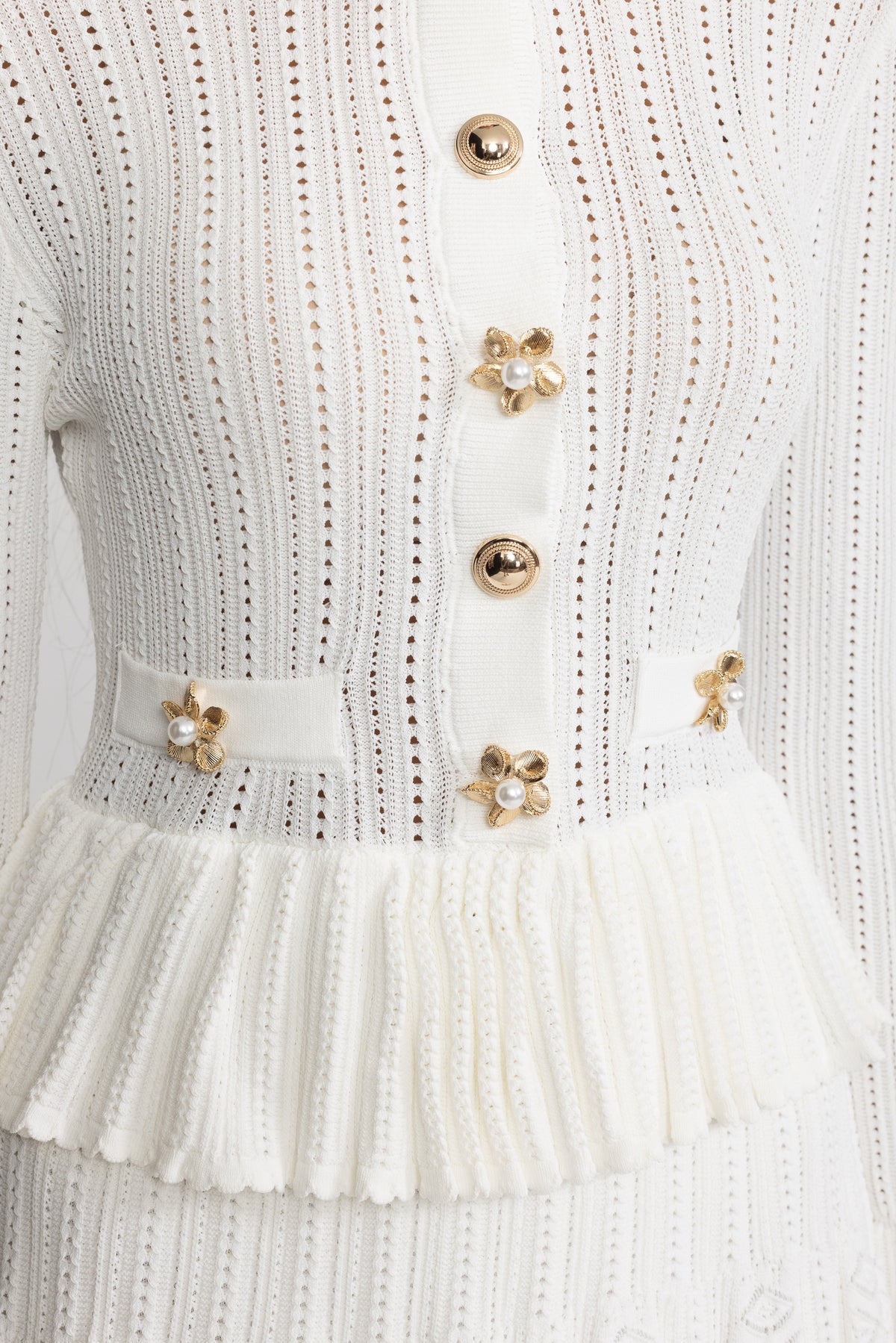 Pointelle Knit Peplum Mini Dress with Flower Buttons - White