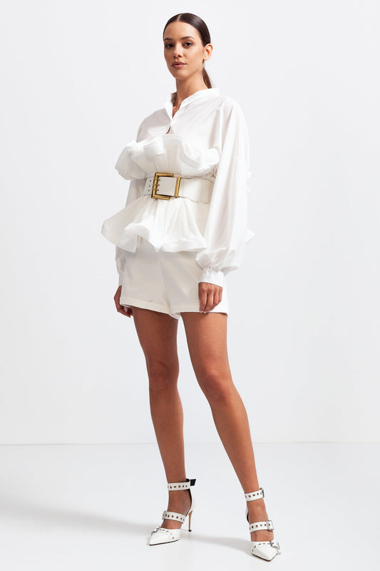 SERILDA Ruffle Shirt with Massive Belt - White