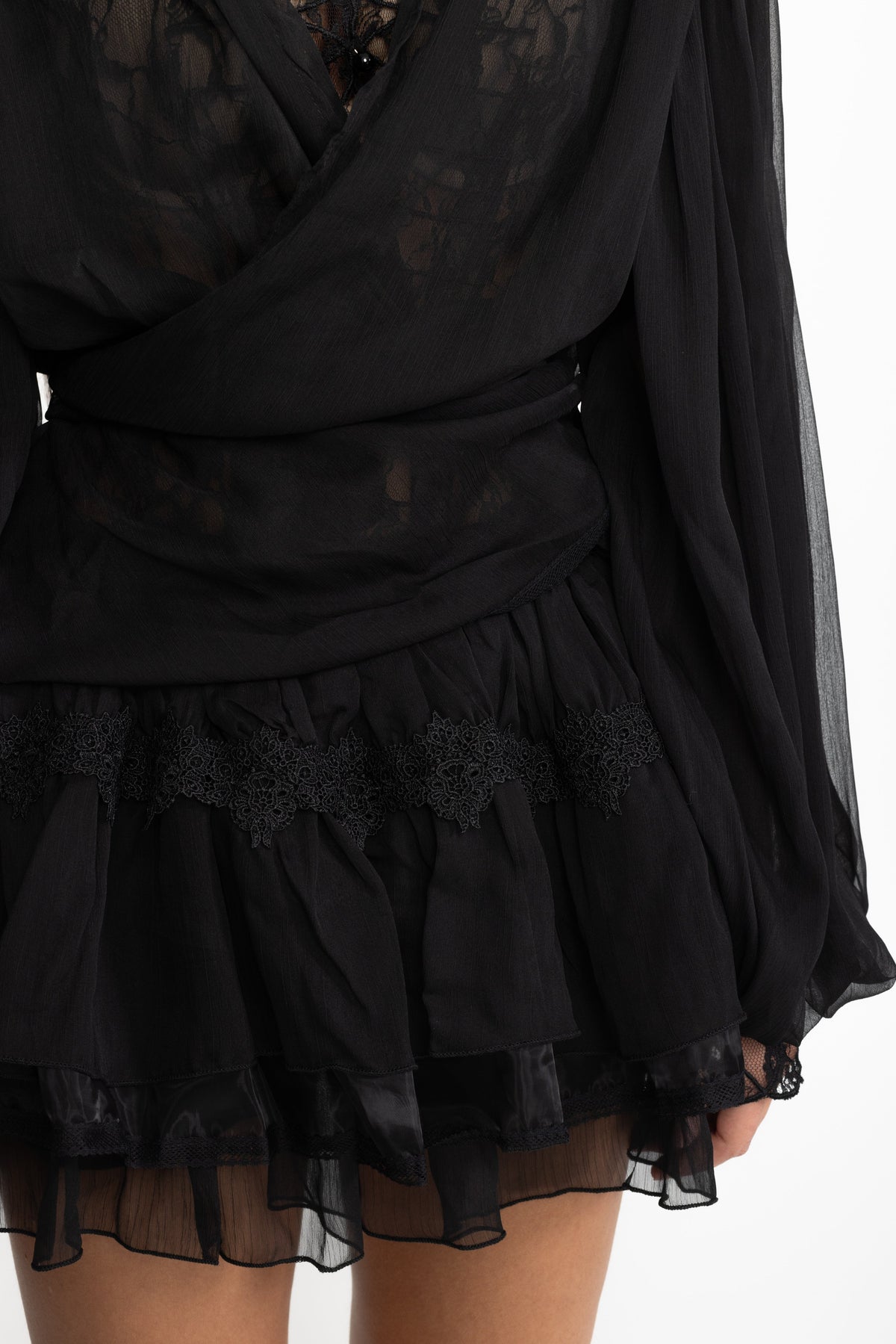 Lace Inset Chiffon Wrap Blouse and Ruffle Mini Skirt Co-ord Set - Black