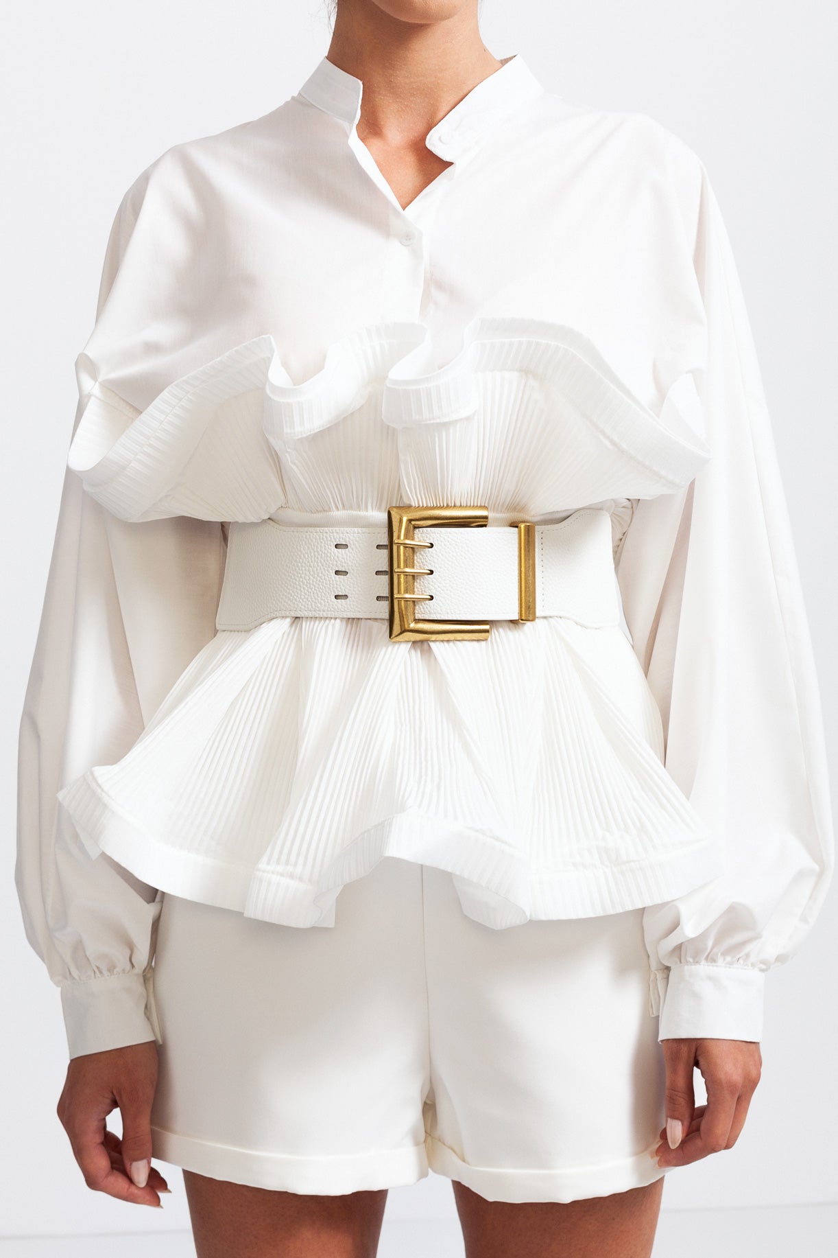 SERILDA Ruffle Shirt with Massive Belt - White