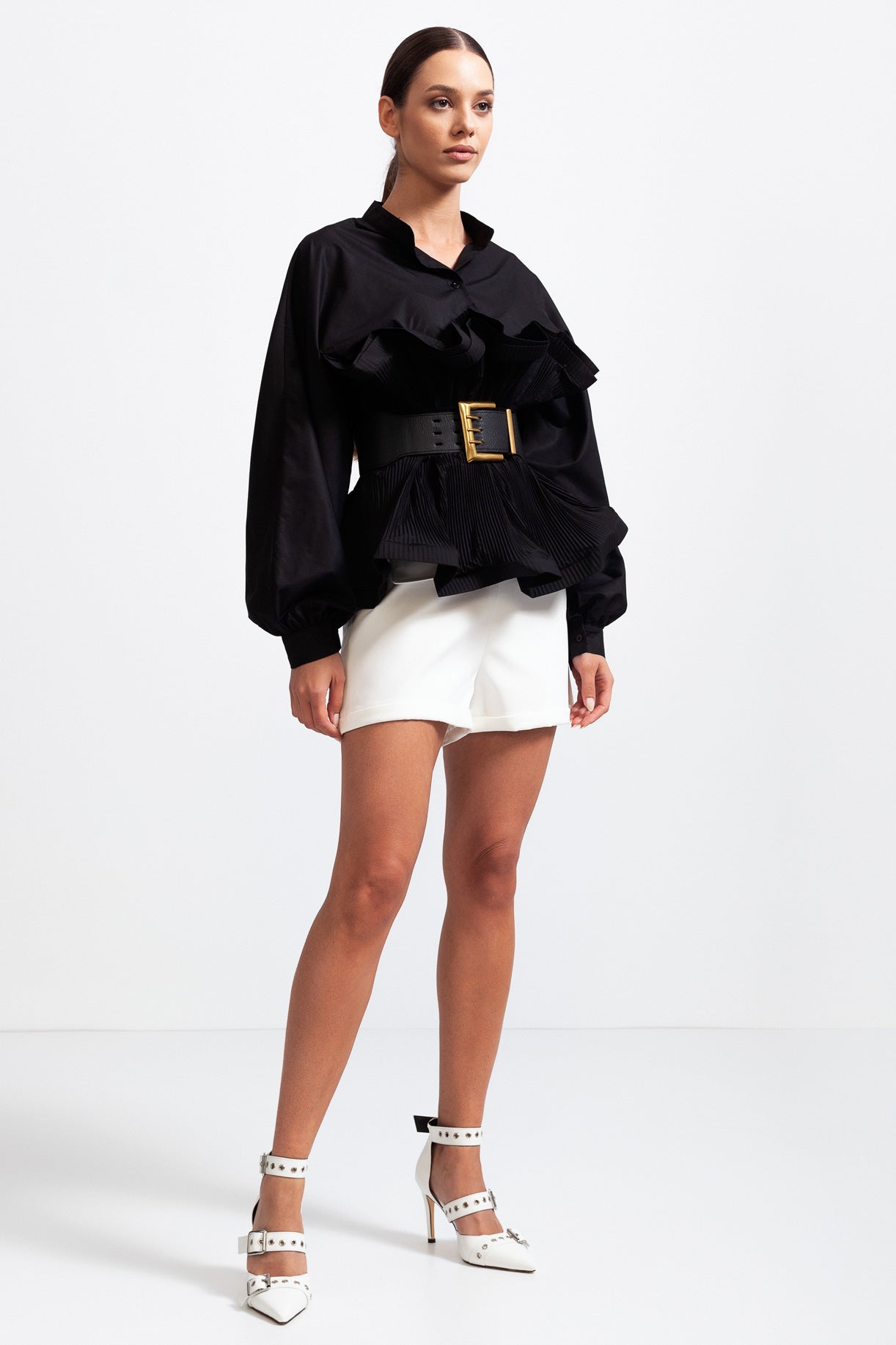 SERILDA Ruffle Shirt with Massive Belt - Black